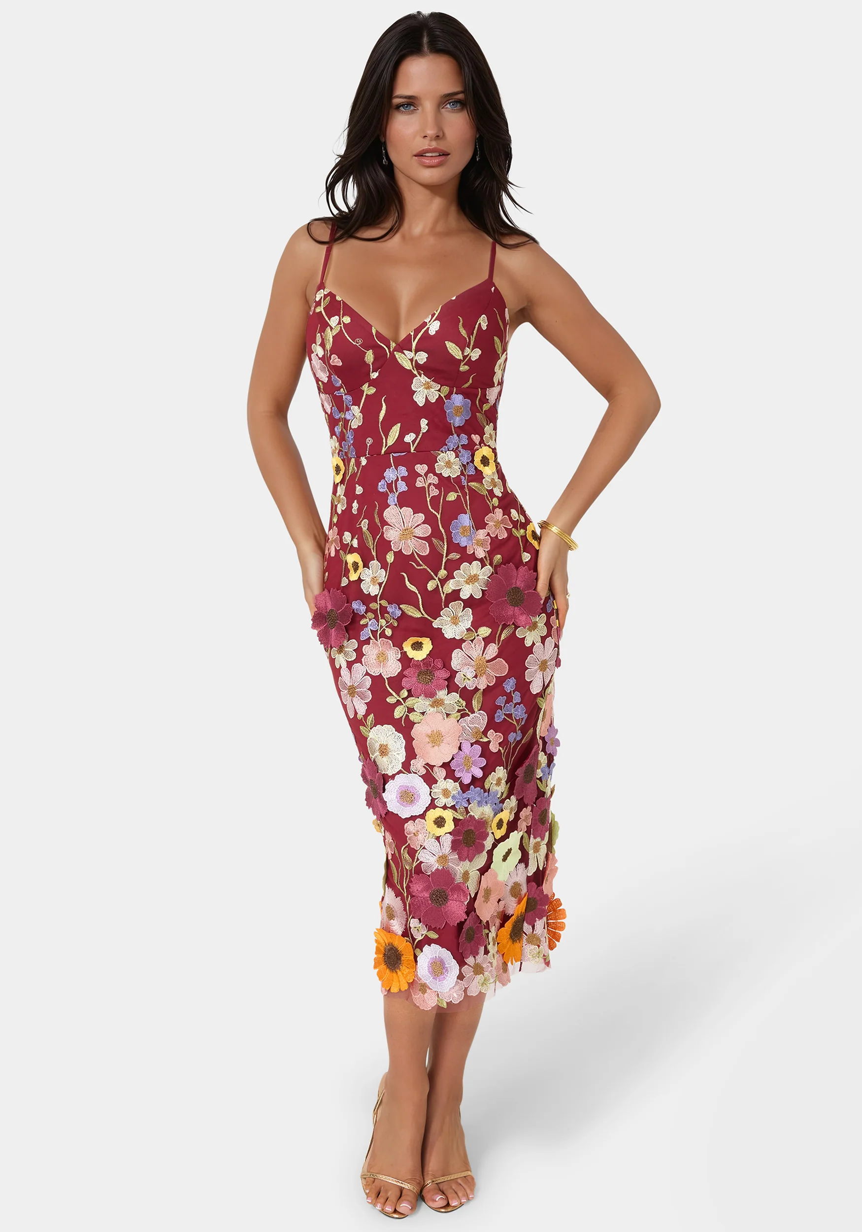 3D Floral Strappy V-Neck Midi Dress