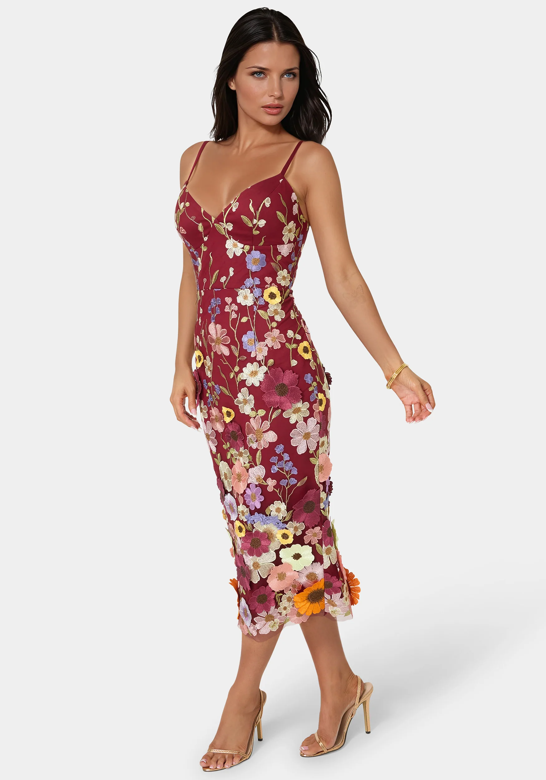 3D Floral Strappy V-Neck Midi Dress - Image 2
