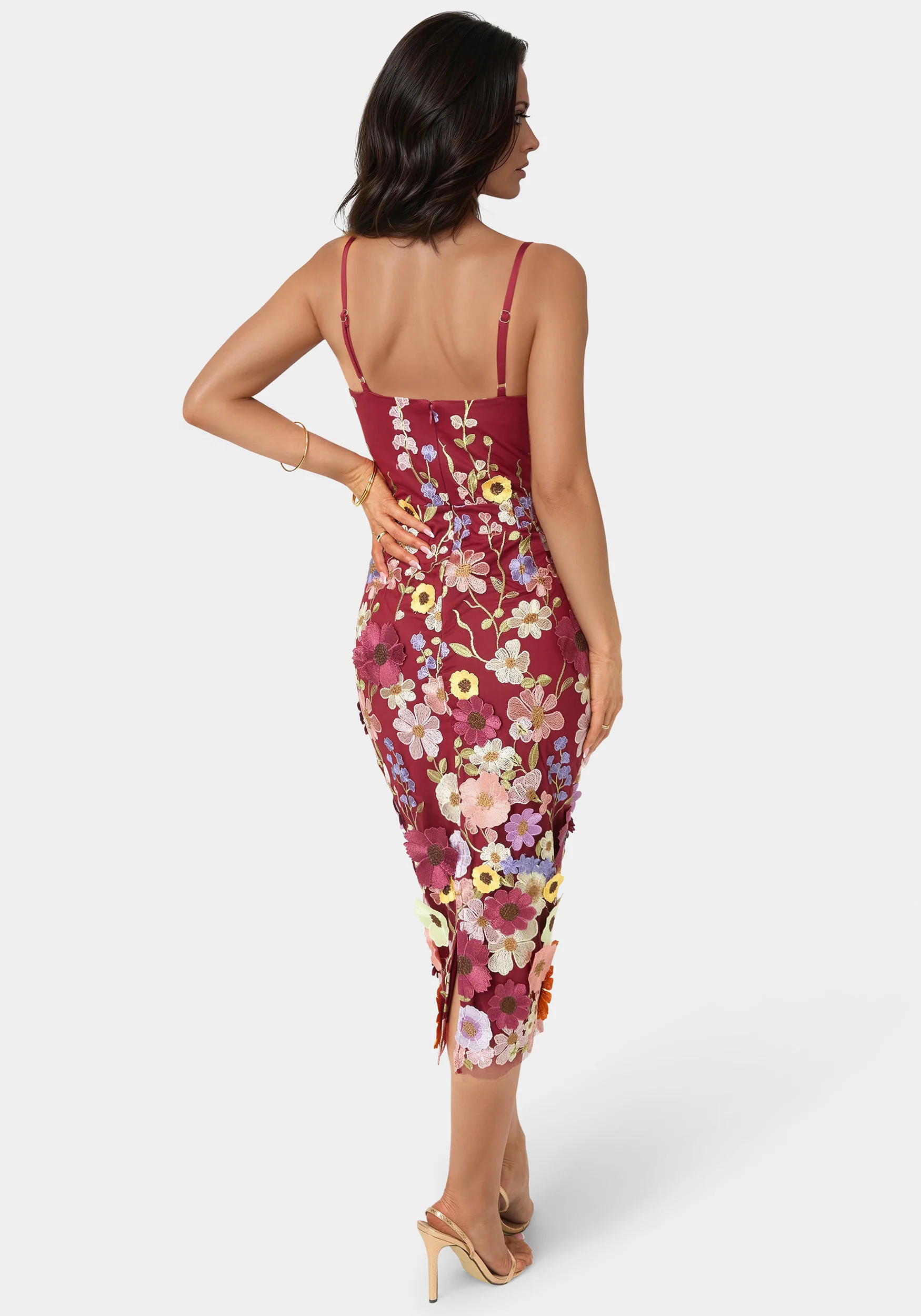3D Floral Strappy V-Neck Midi Dress - Image 3