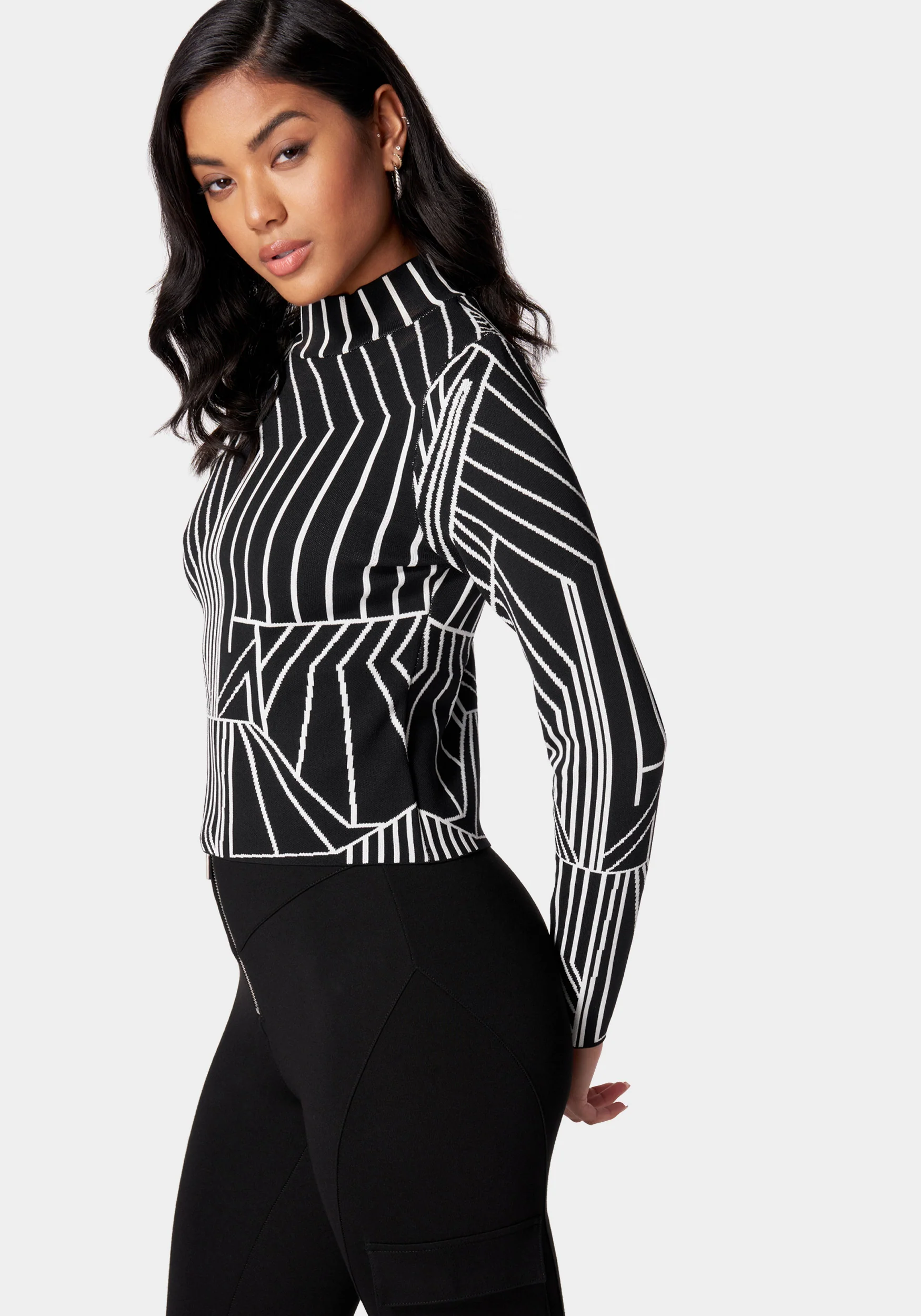 Abstract Jacquard Mock Neck Sweater - Image 2
