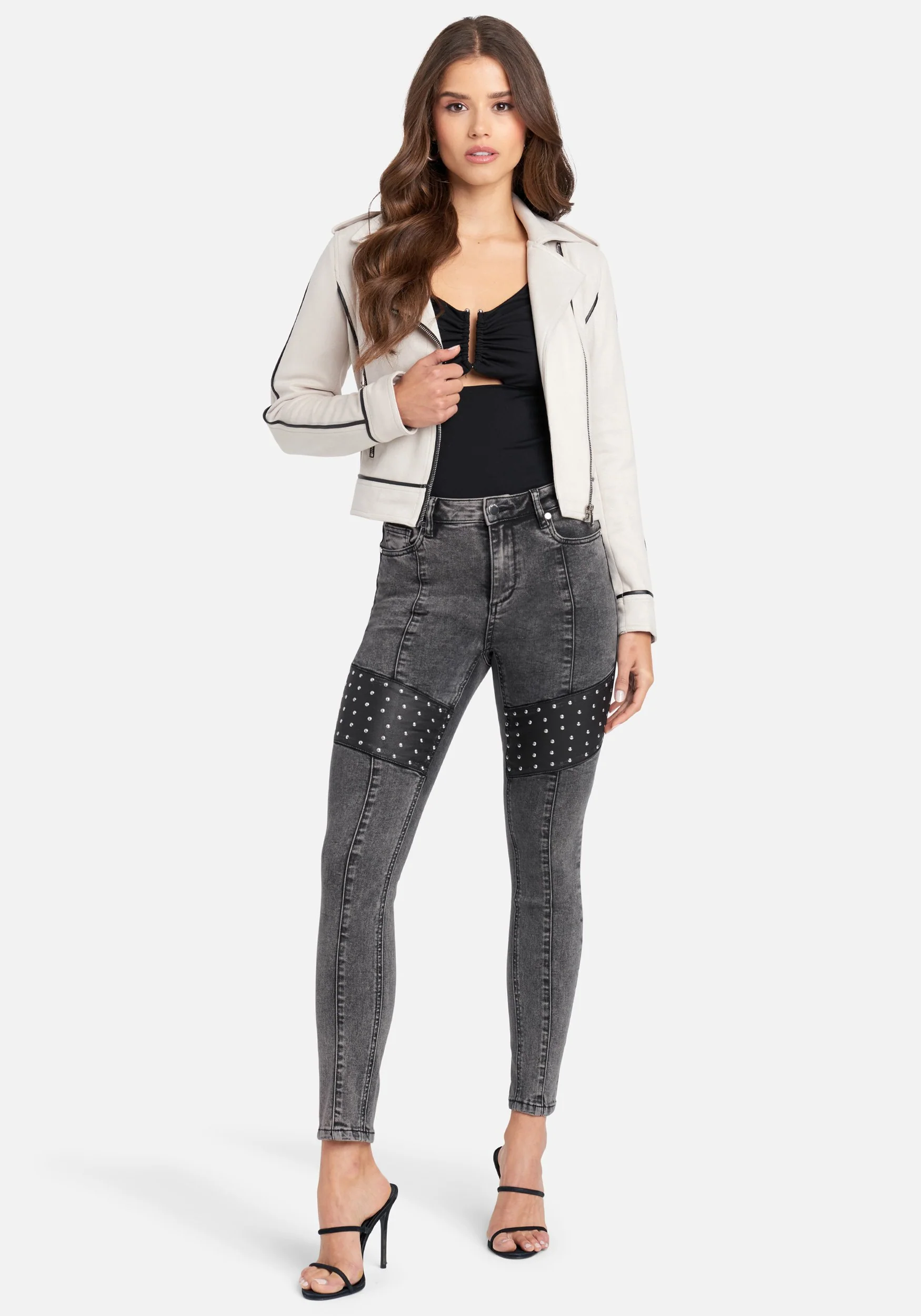 Acid Wash Stud Detail Skinny Jeans - Image 2