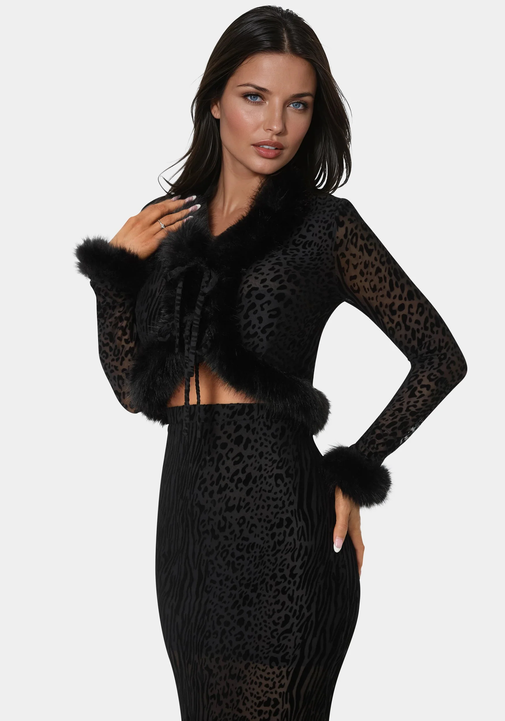 Animal Mesh Faux Fur Trim Long Sleeve Top