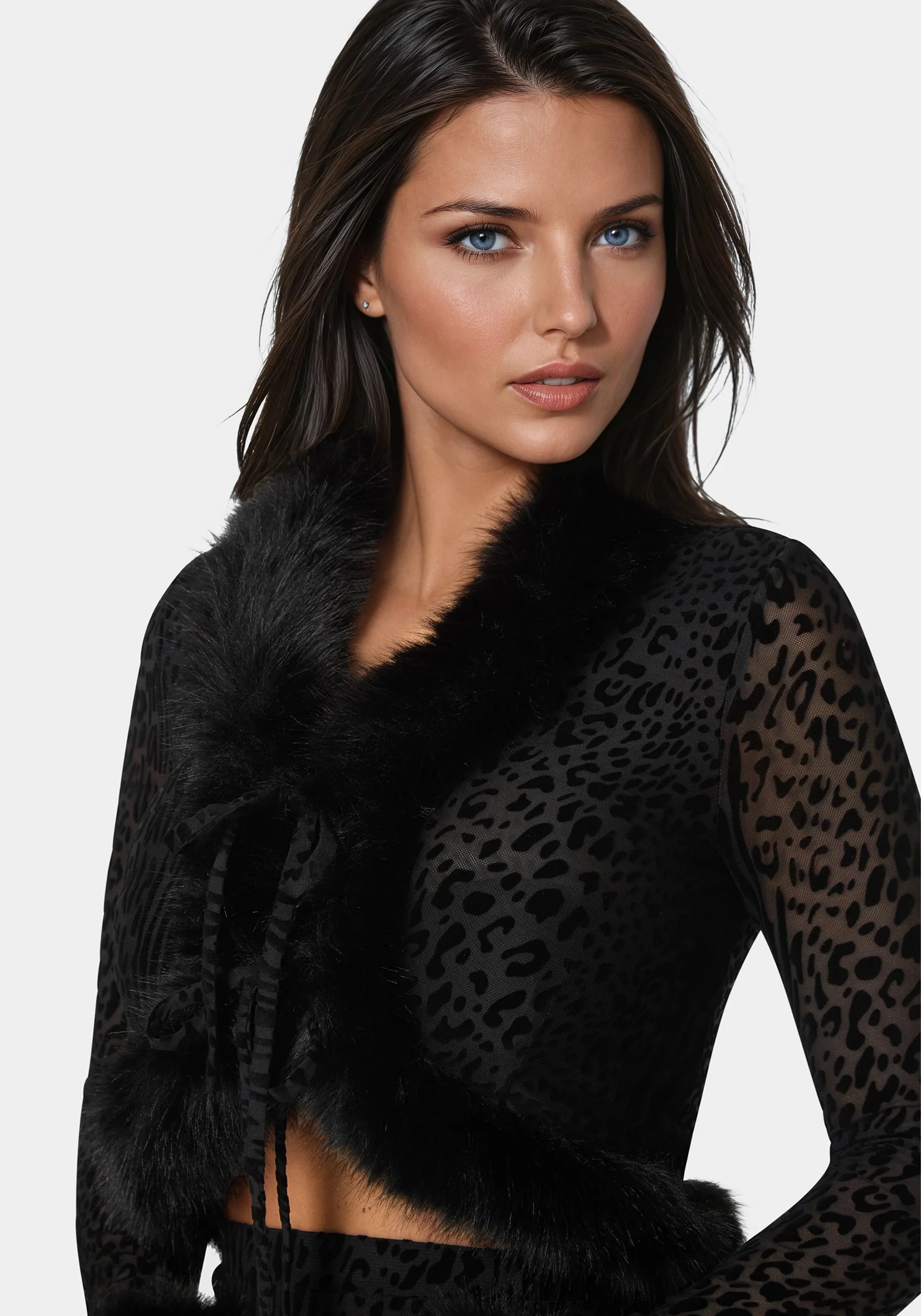 Animal Mesh Faux Fur Trim Long Sleeve Top - Image 4