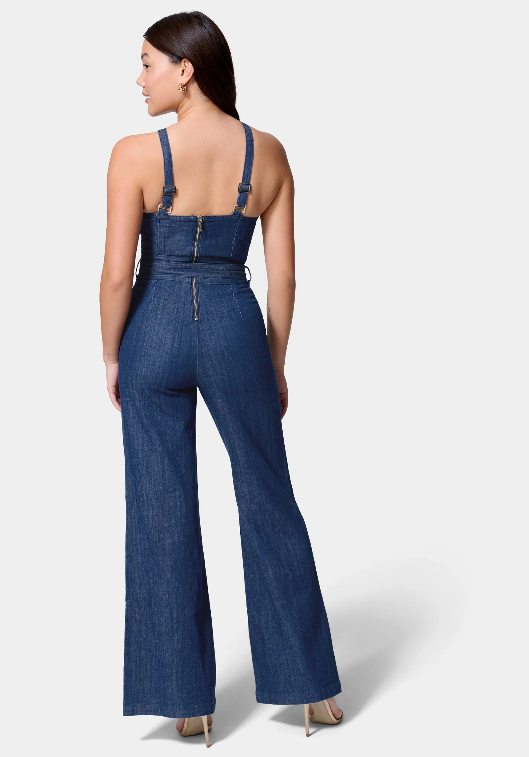 Asymmetric Neckline Wide Leg Lightweight Denim Jumpsuit - Image 2