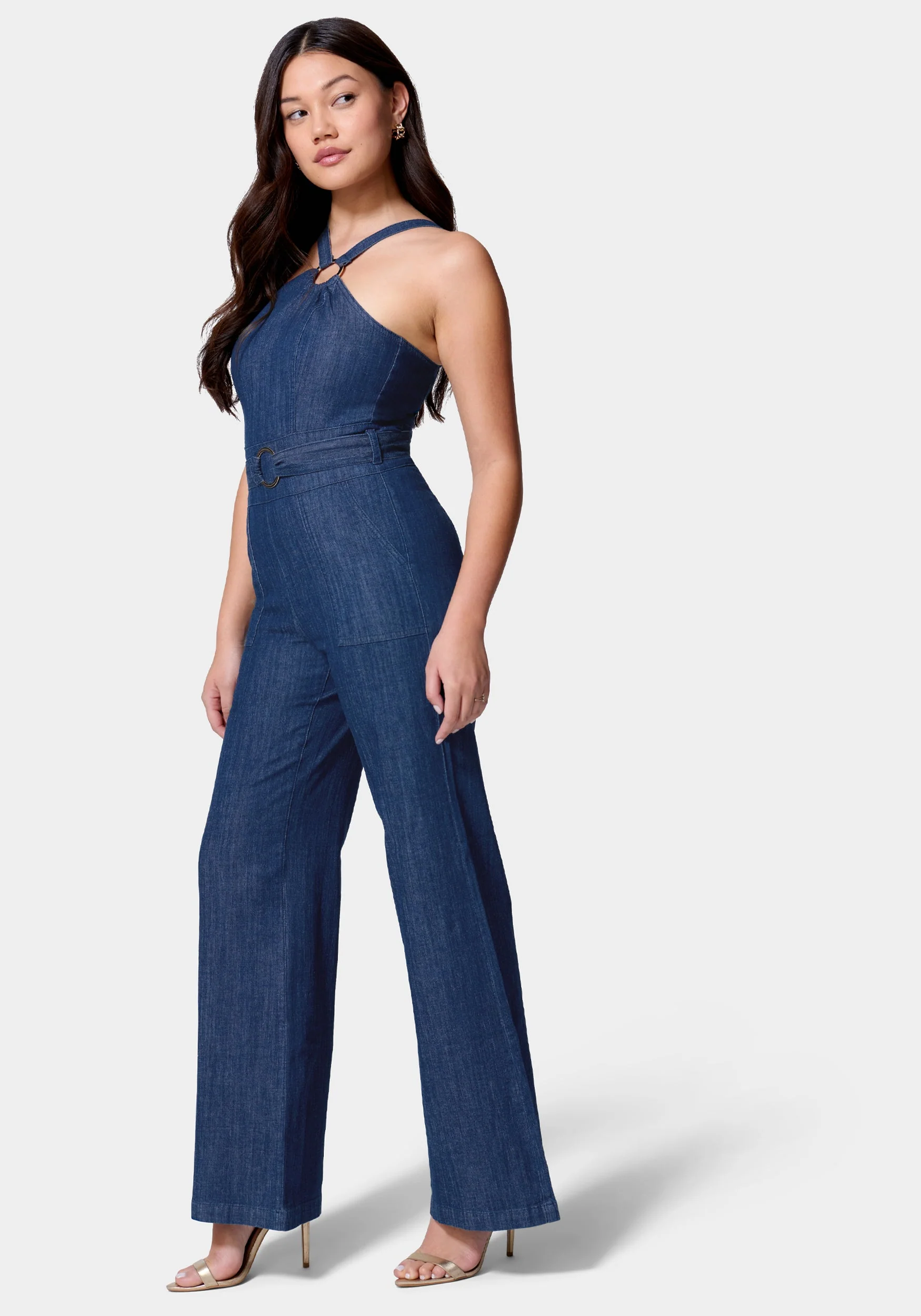 Asymmetric Neckline Wide Leg Lightweight Denim Jumpsuit - Image 3