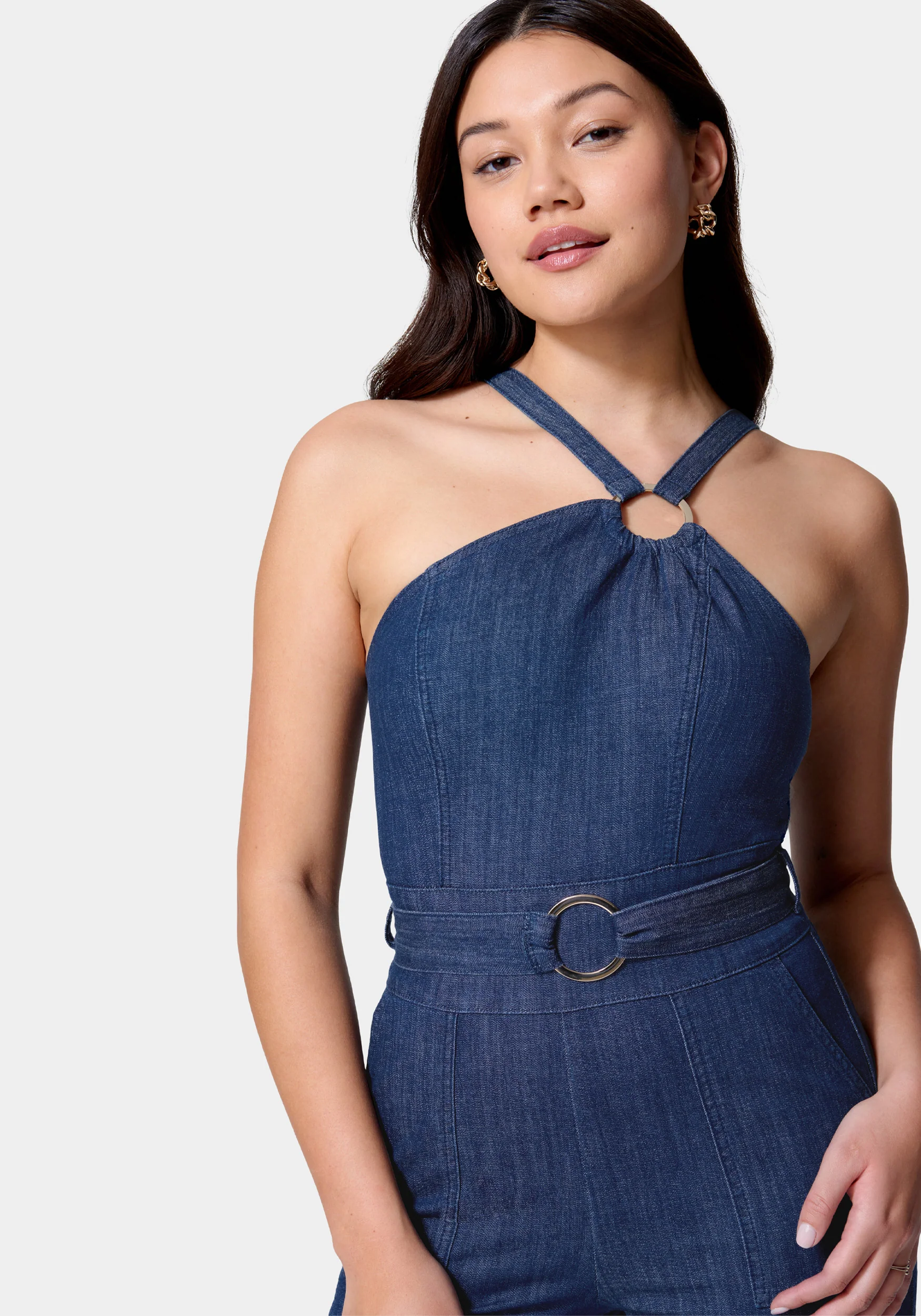 Asymmetric Neckline Wide Leg Lightweight Denim Jumpsuit - Image 4