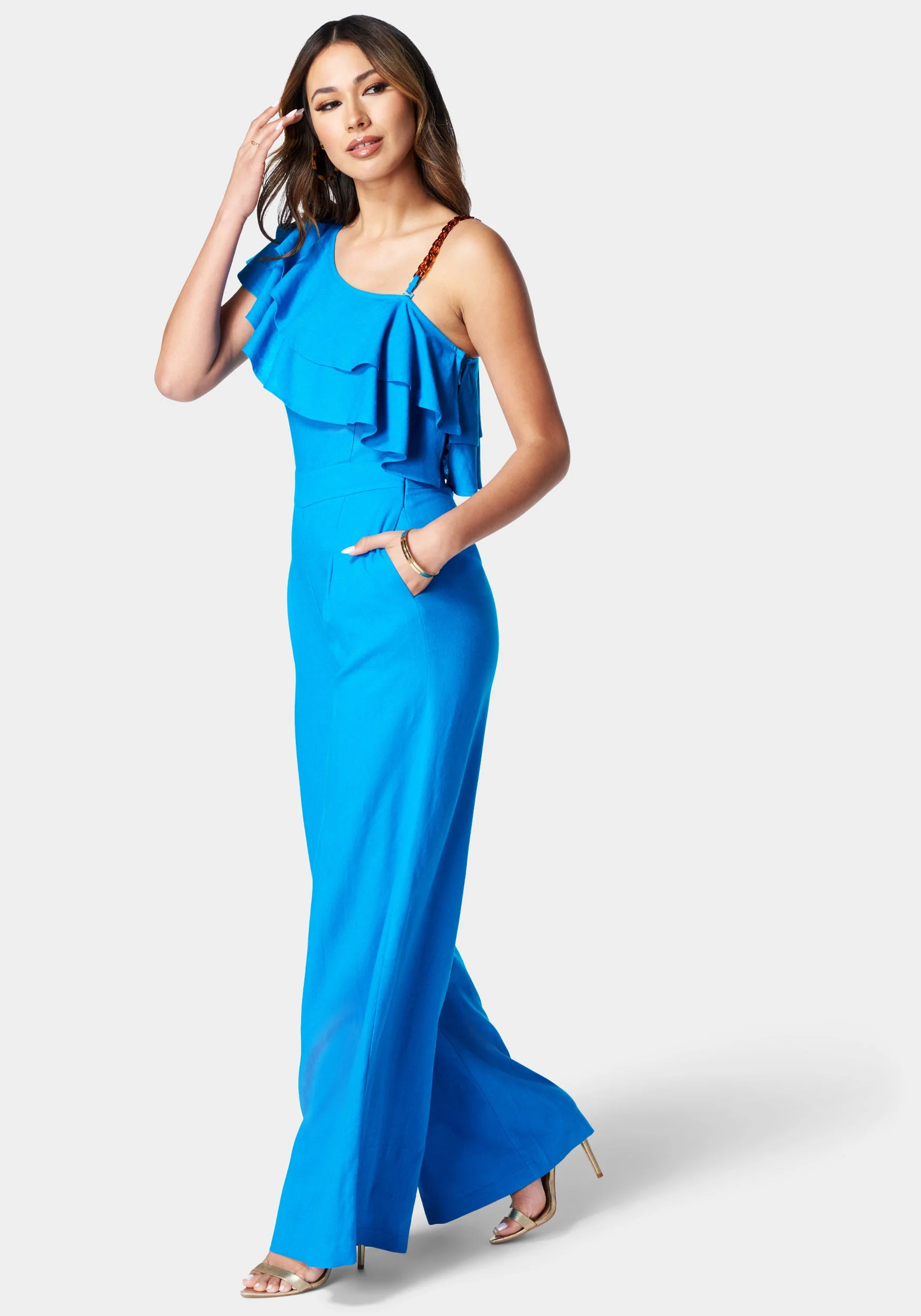 Asymmetric Ruffle Neck Wide Leg Jumpsuit - Image 2