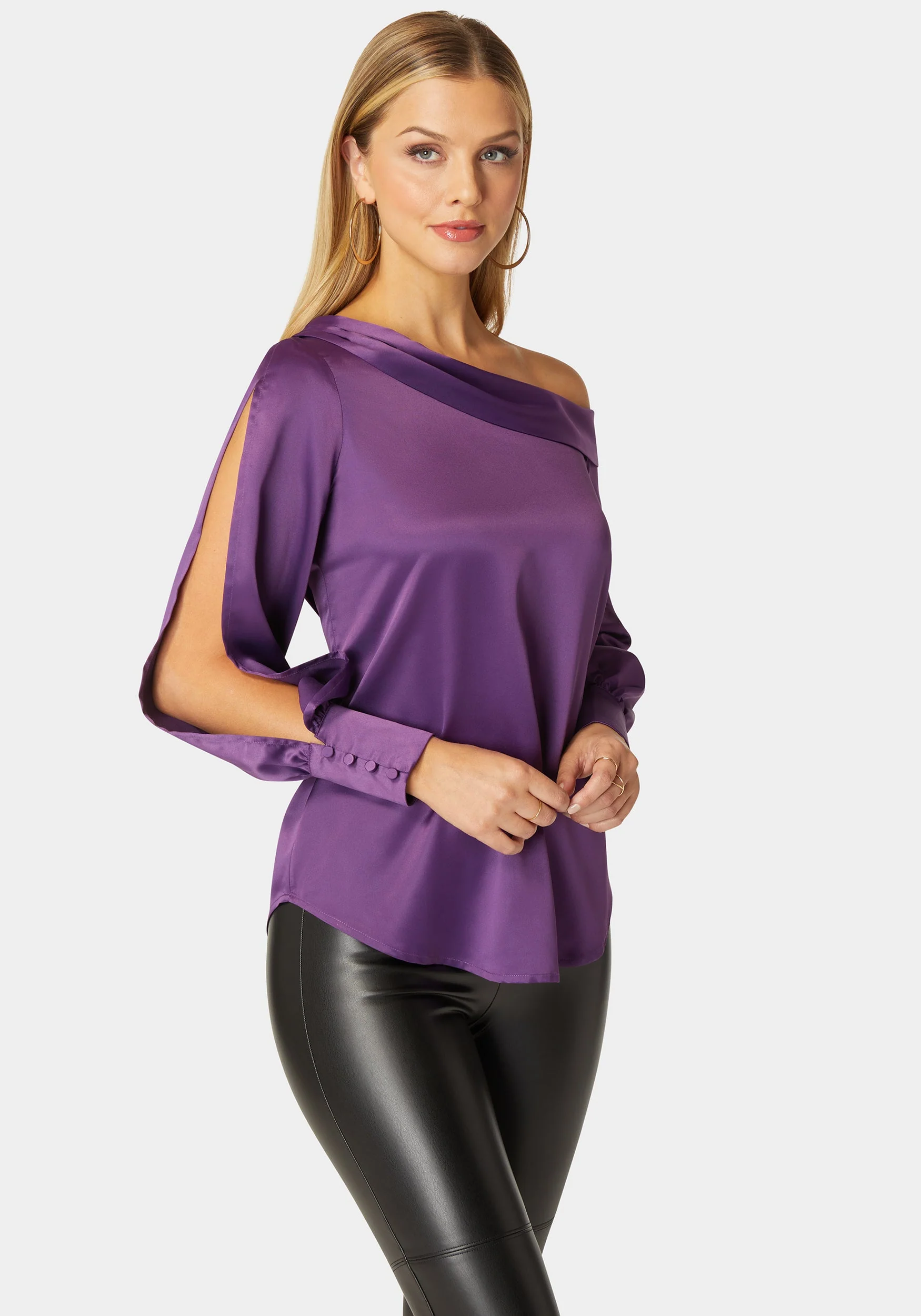Asymmetrical Long Sleeve Slit Detail Satin Blouse - Image 2