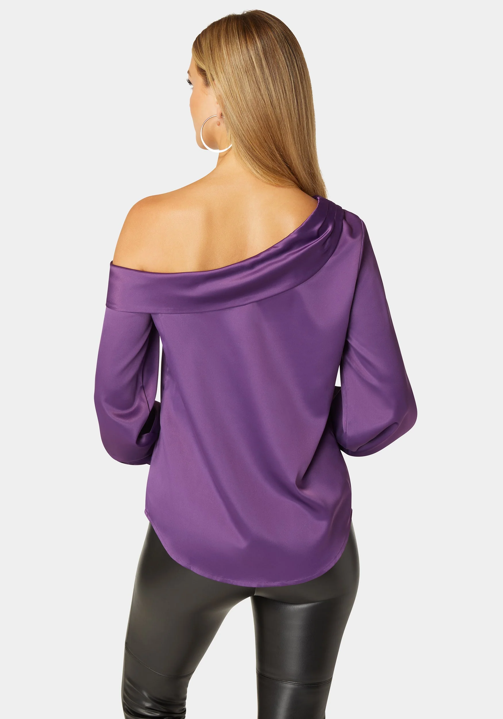 Asymmetrical Long Sleeve Slit Detail Satin Blouse - Image 3