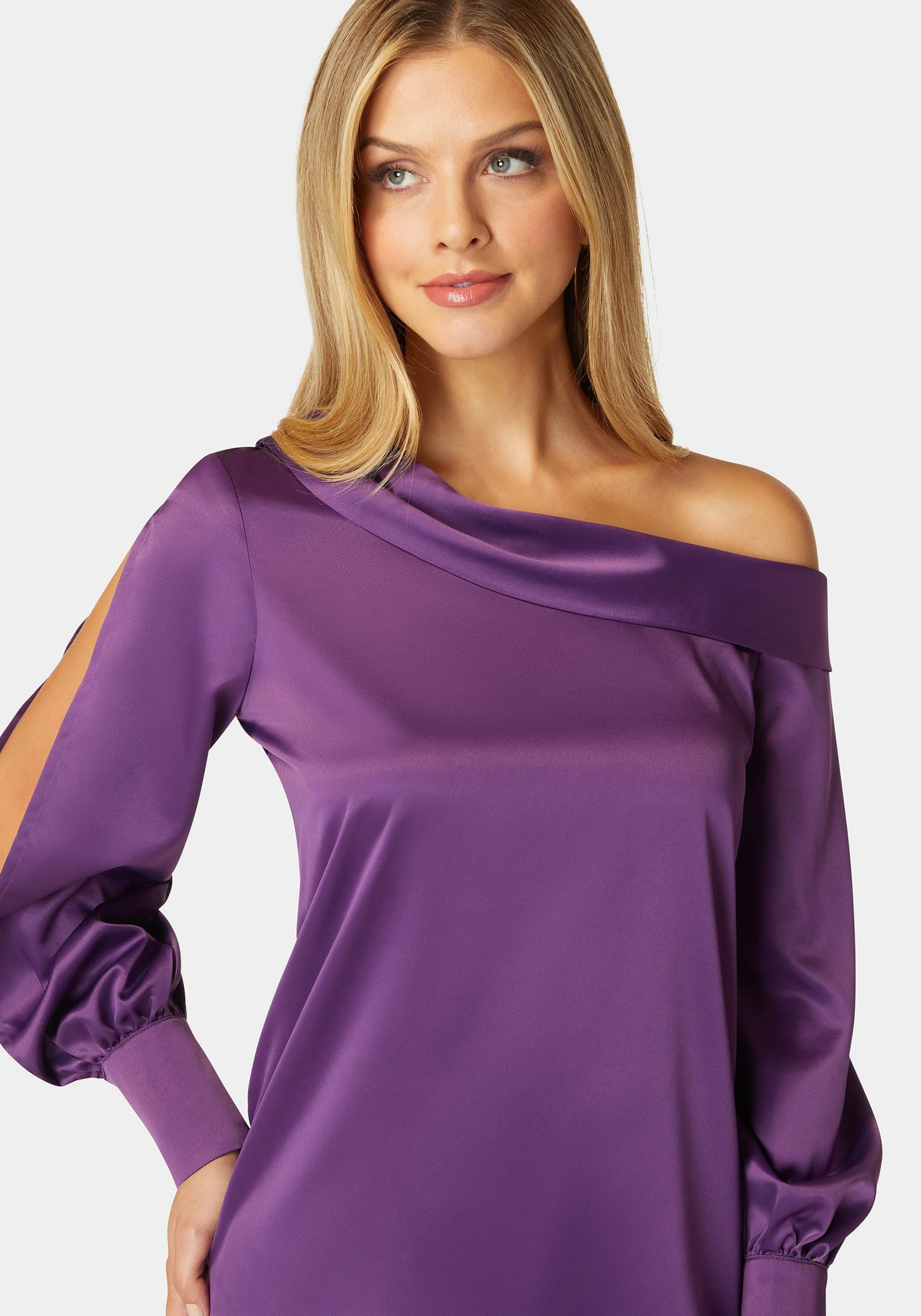 Asymmetrical Long Sleeve Slit Detail Satin Blouse - Image 4