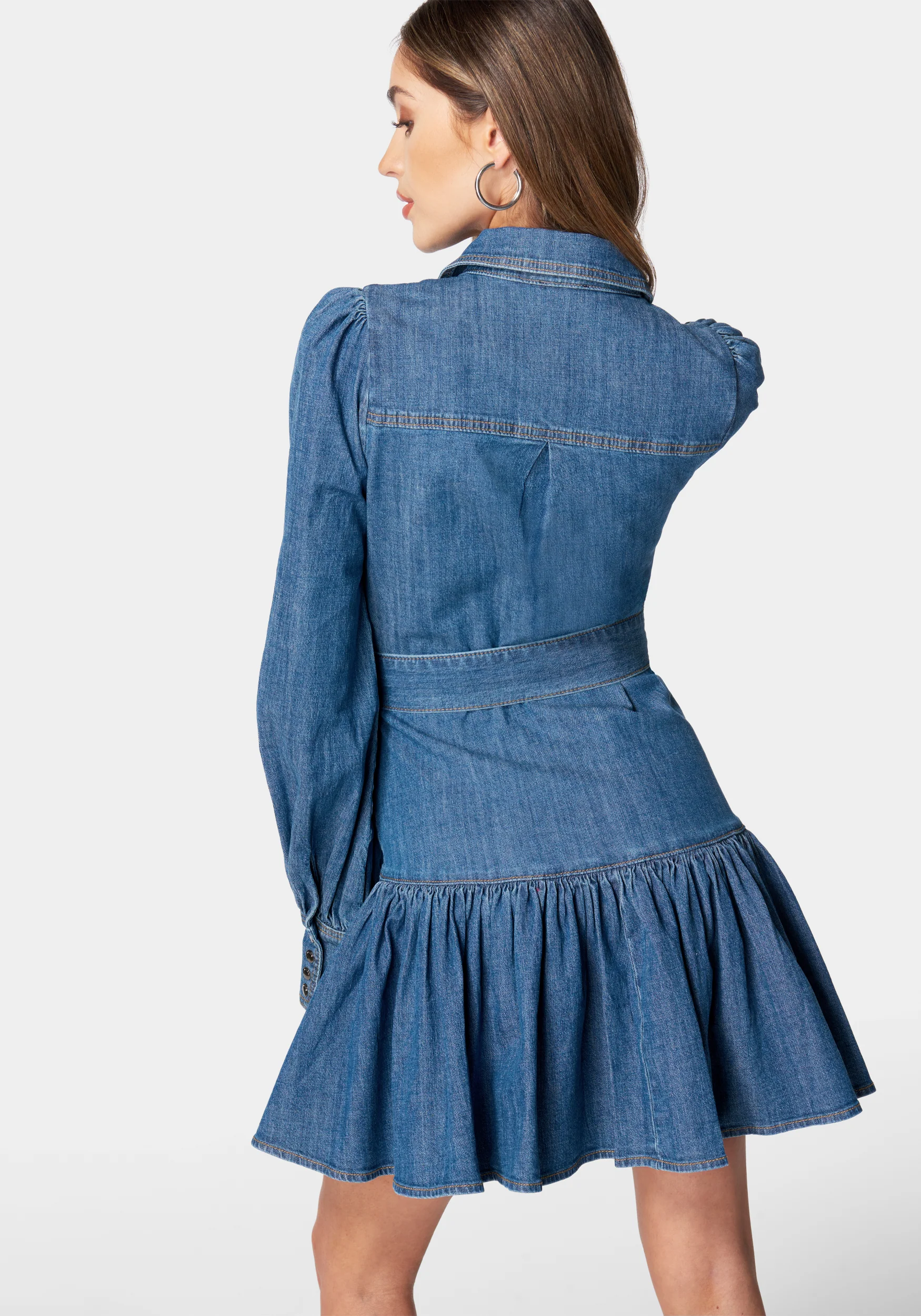 Balloon Sleeves Fit And Flare Denim Dress - Image 3