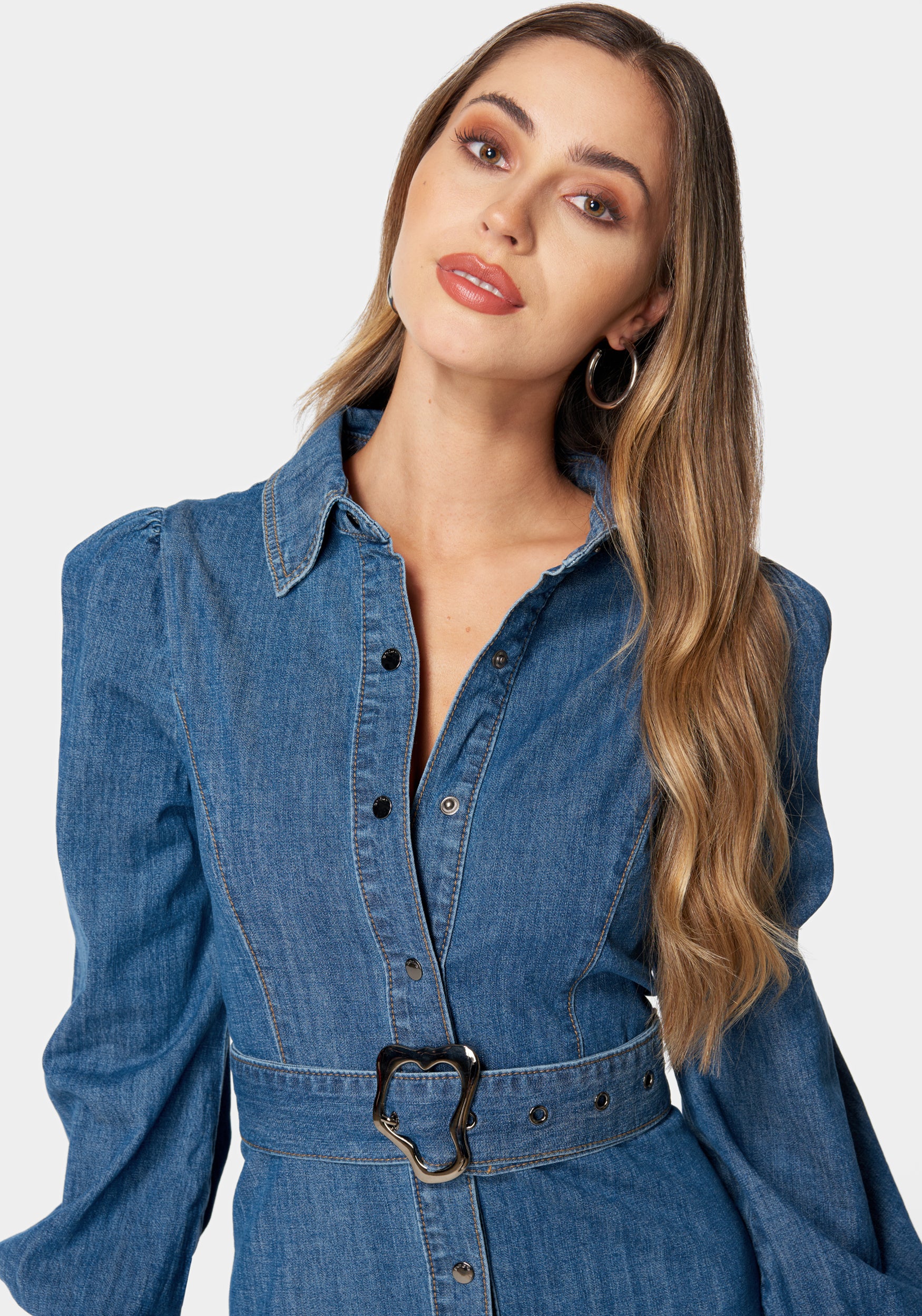Balloon Sleeves Fit And Flare Denim Dress - Image 4