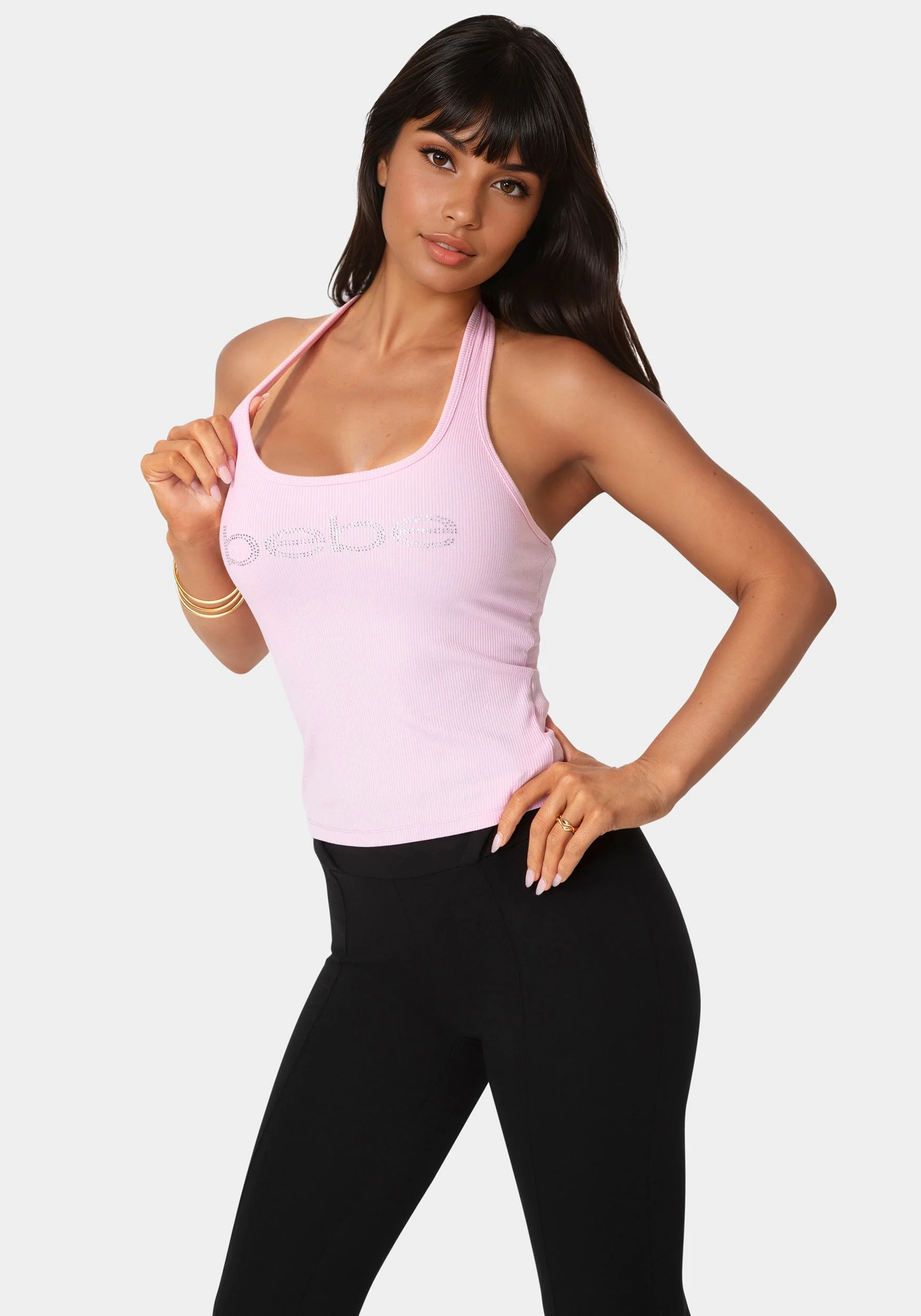 Bebe Logo Halter Neck Rib Tank