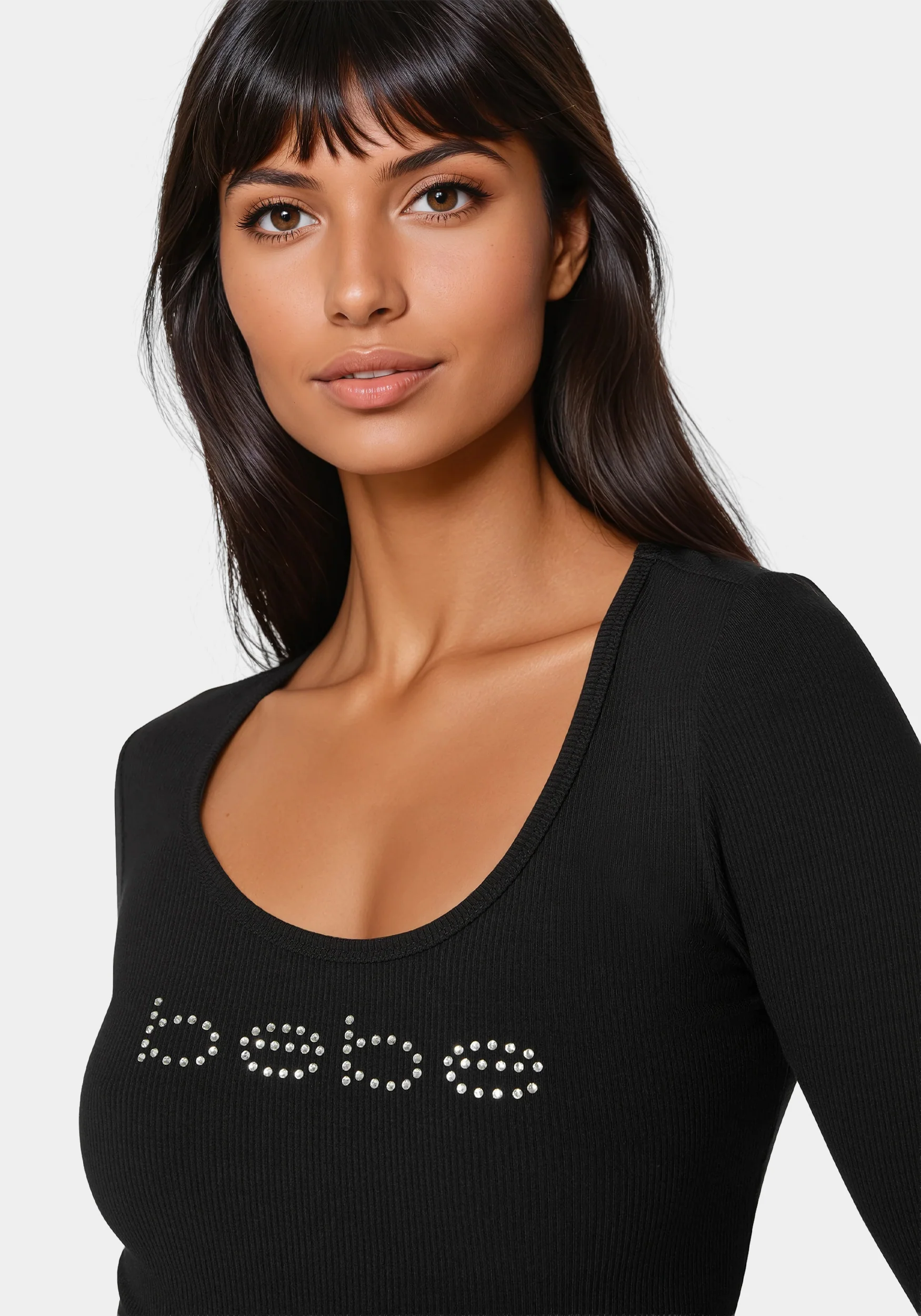 Bebe Logo Long Sleeve Scoop Neck Single Stone Rib Top - Image 3