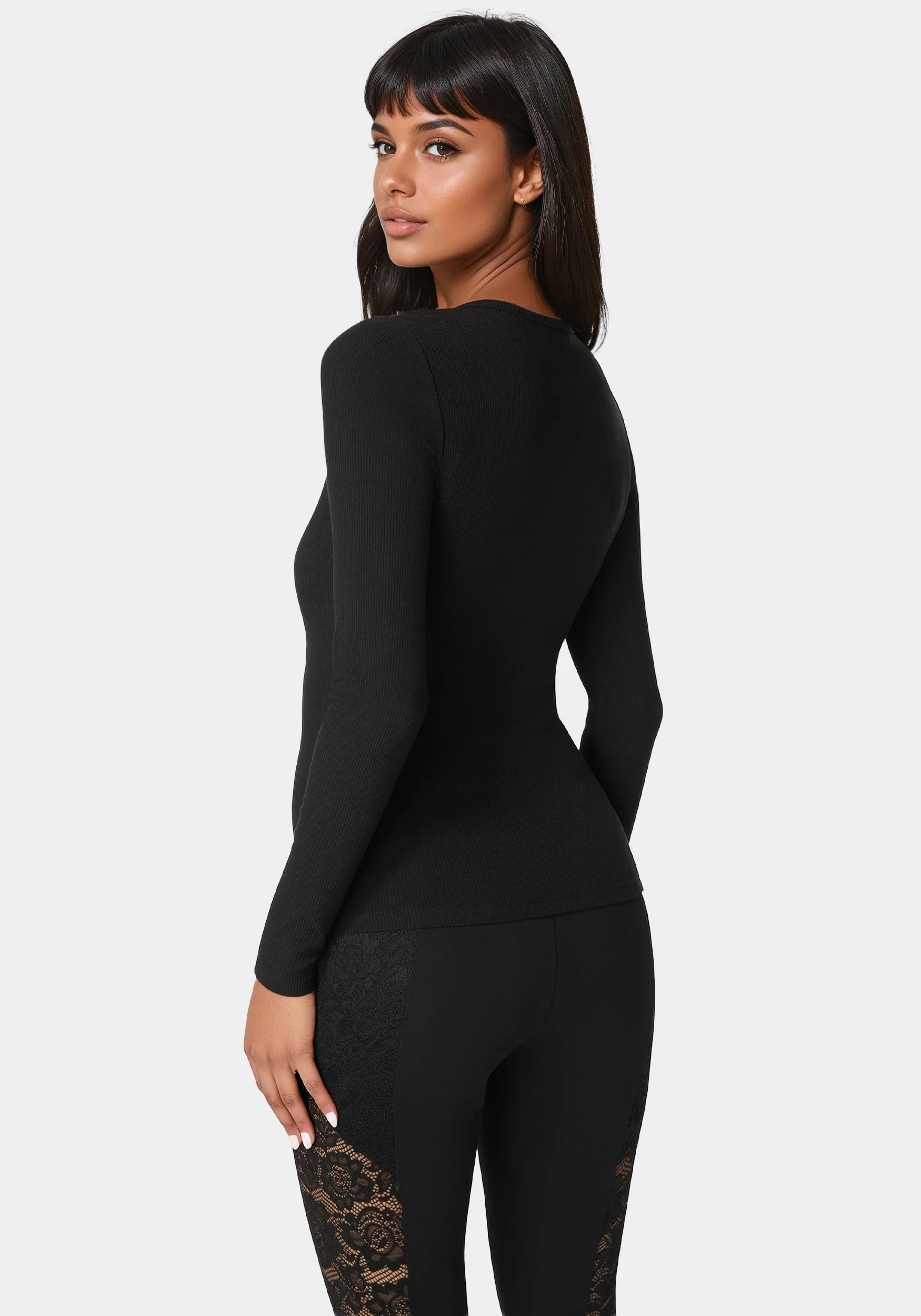 Bebe Logo Long Sleeve Scoop Neck Single Stone Rib Top - Image 4