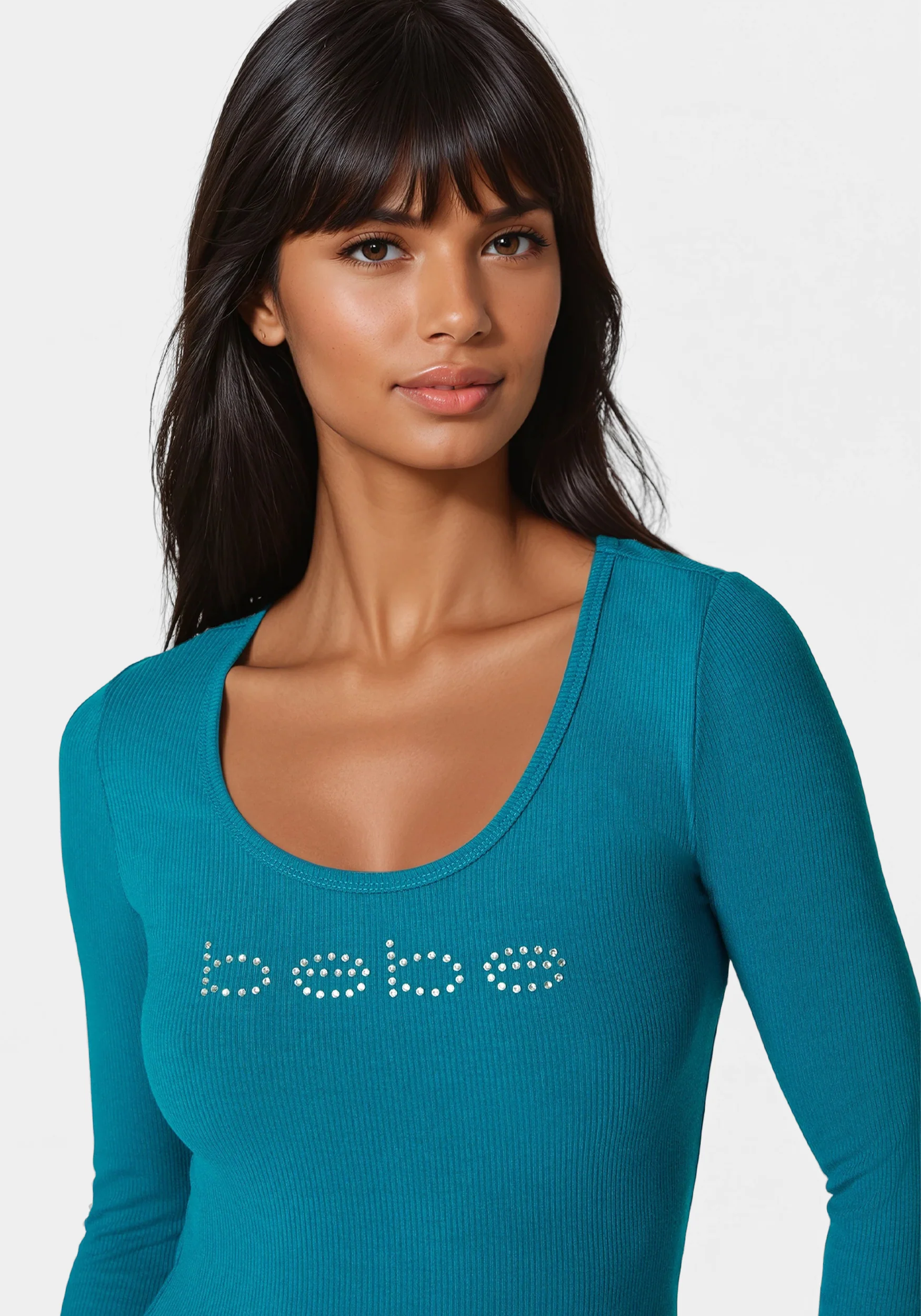 Bebe Logo Long Sleeve Scoop Neck Single Stone Rib Top - Image 3