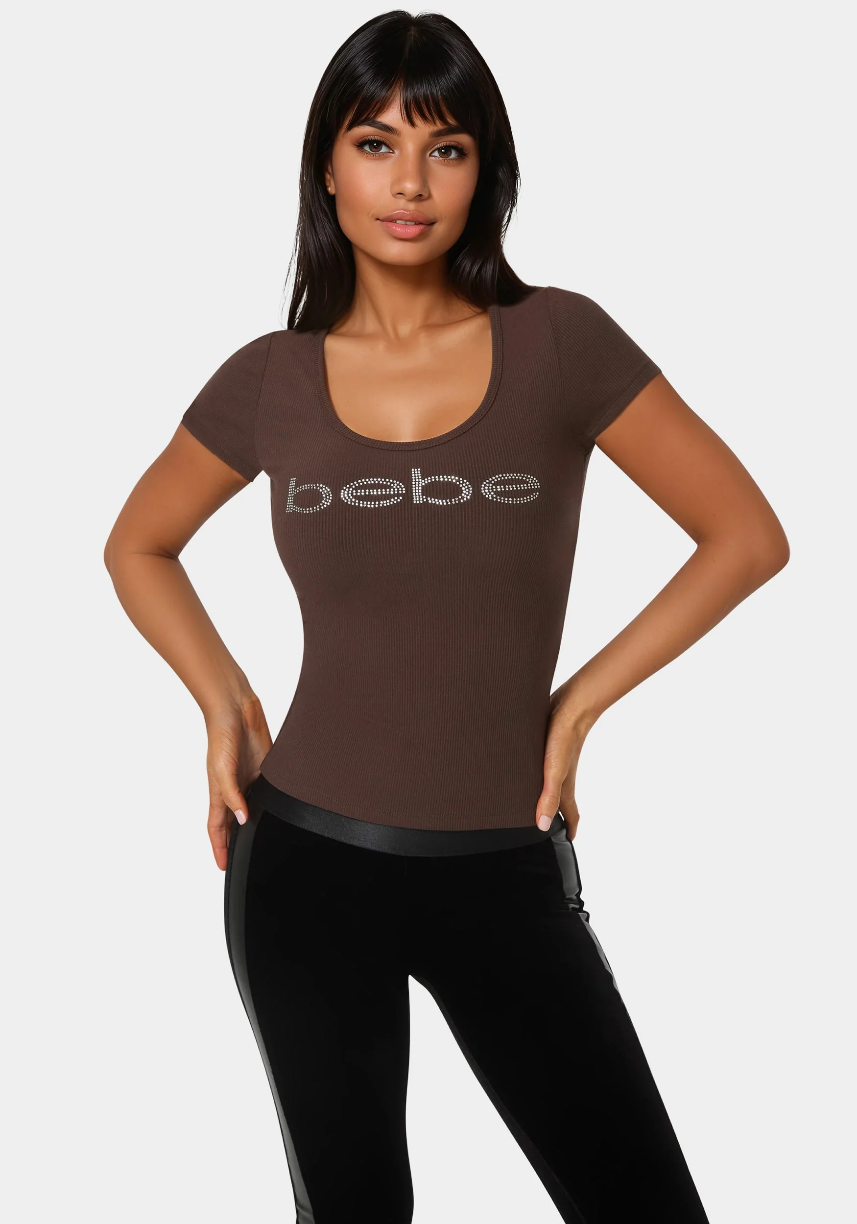 Bebe Logo Short Sleeve Round Neck Rib Top