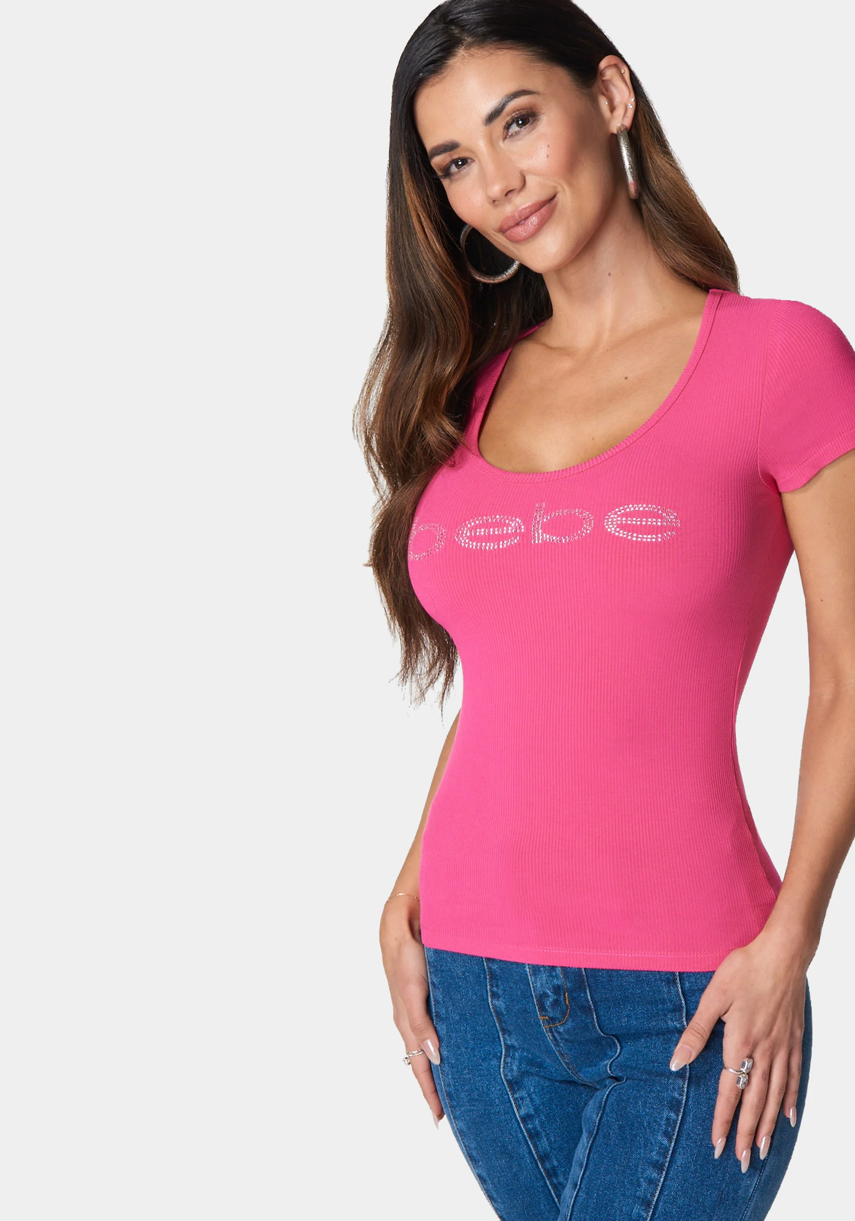 Bebe Logo Short Sleeve Round Neck Rib Top - Image 2