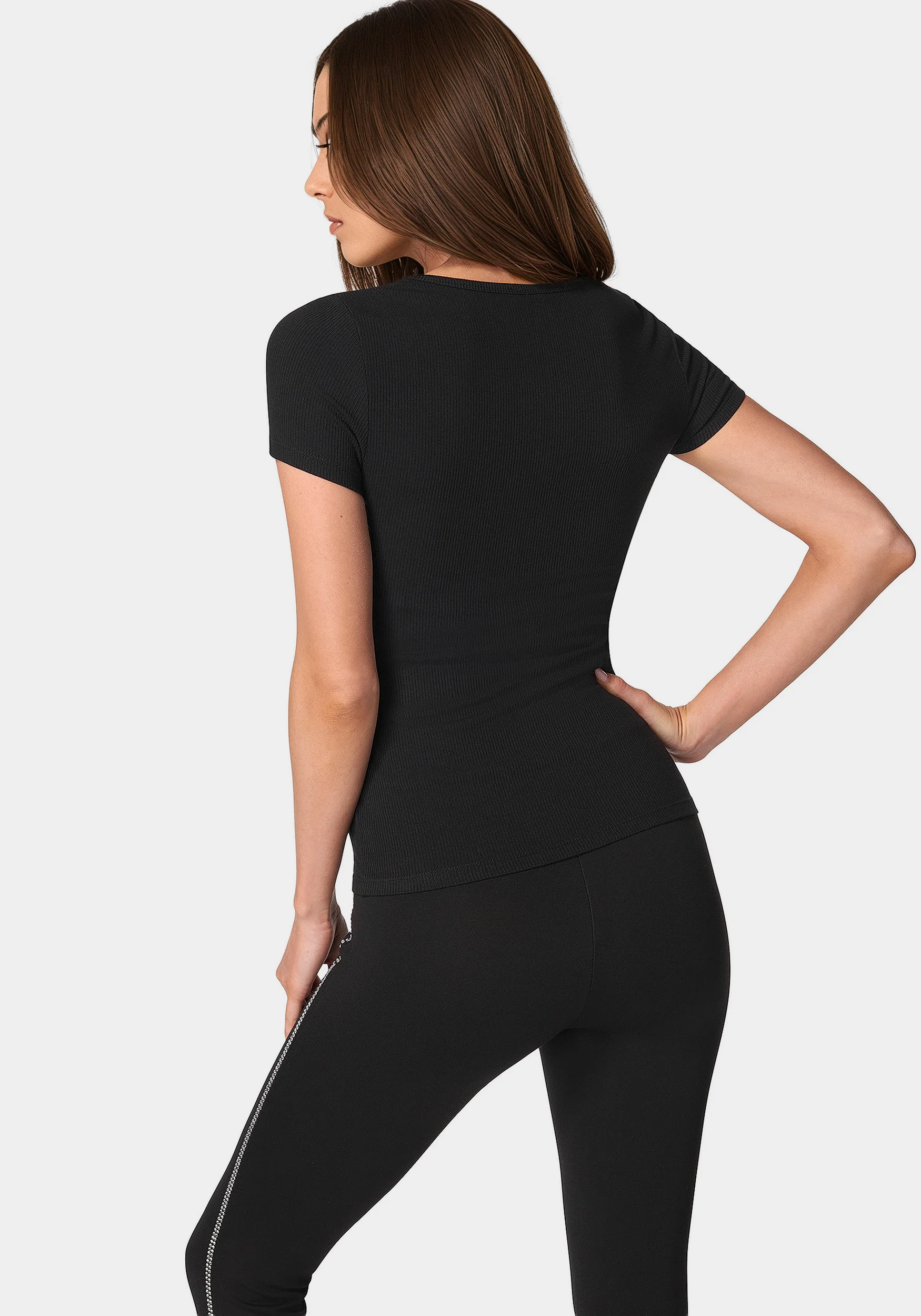 Bebe Logo Short Sleeve Scoop Neck Single Stone Rib Top - Image 3