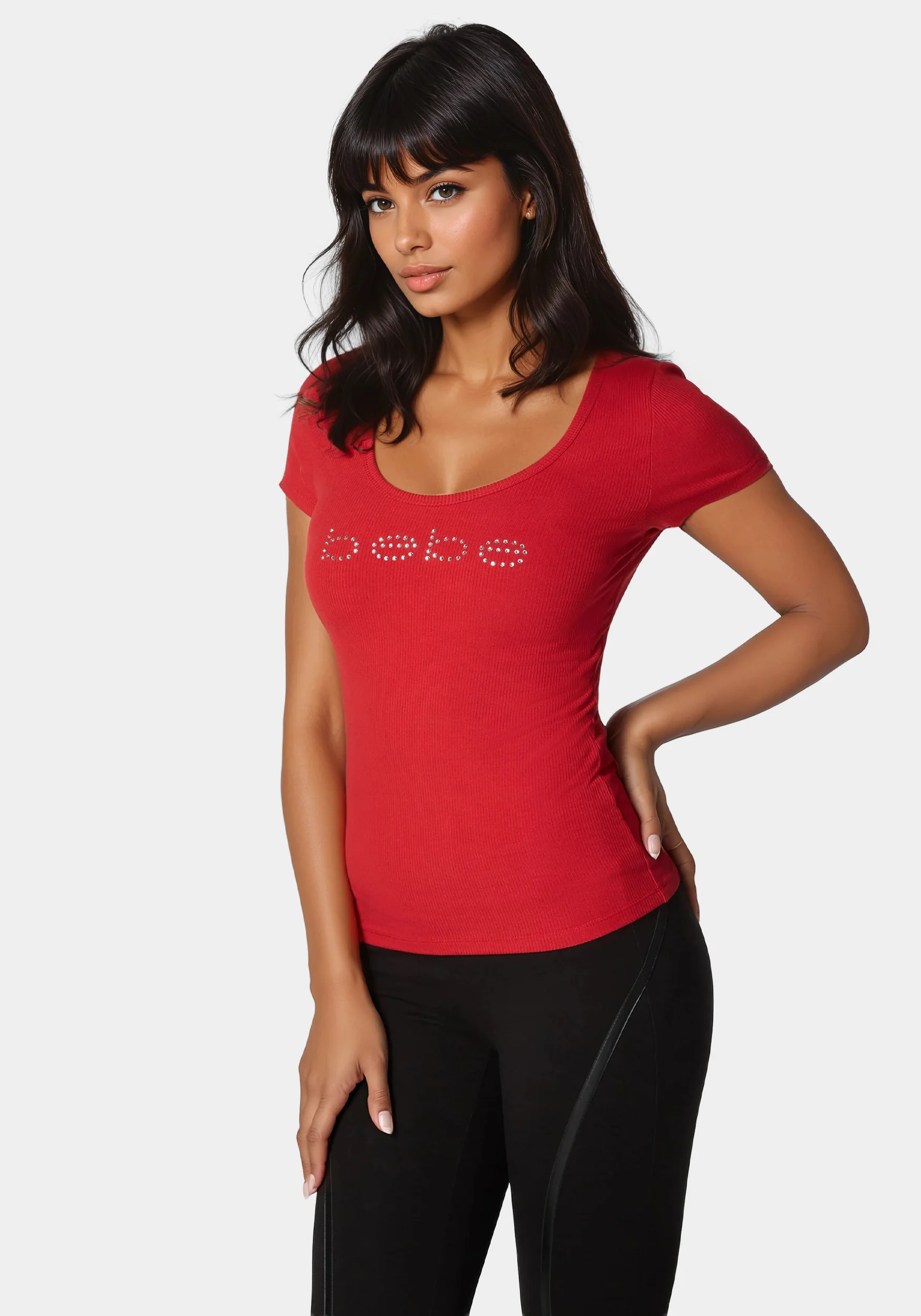 Bebe Logo Short Sleeve Scoop Neck Single Stone Rib Top - Image 2