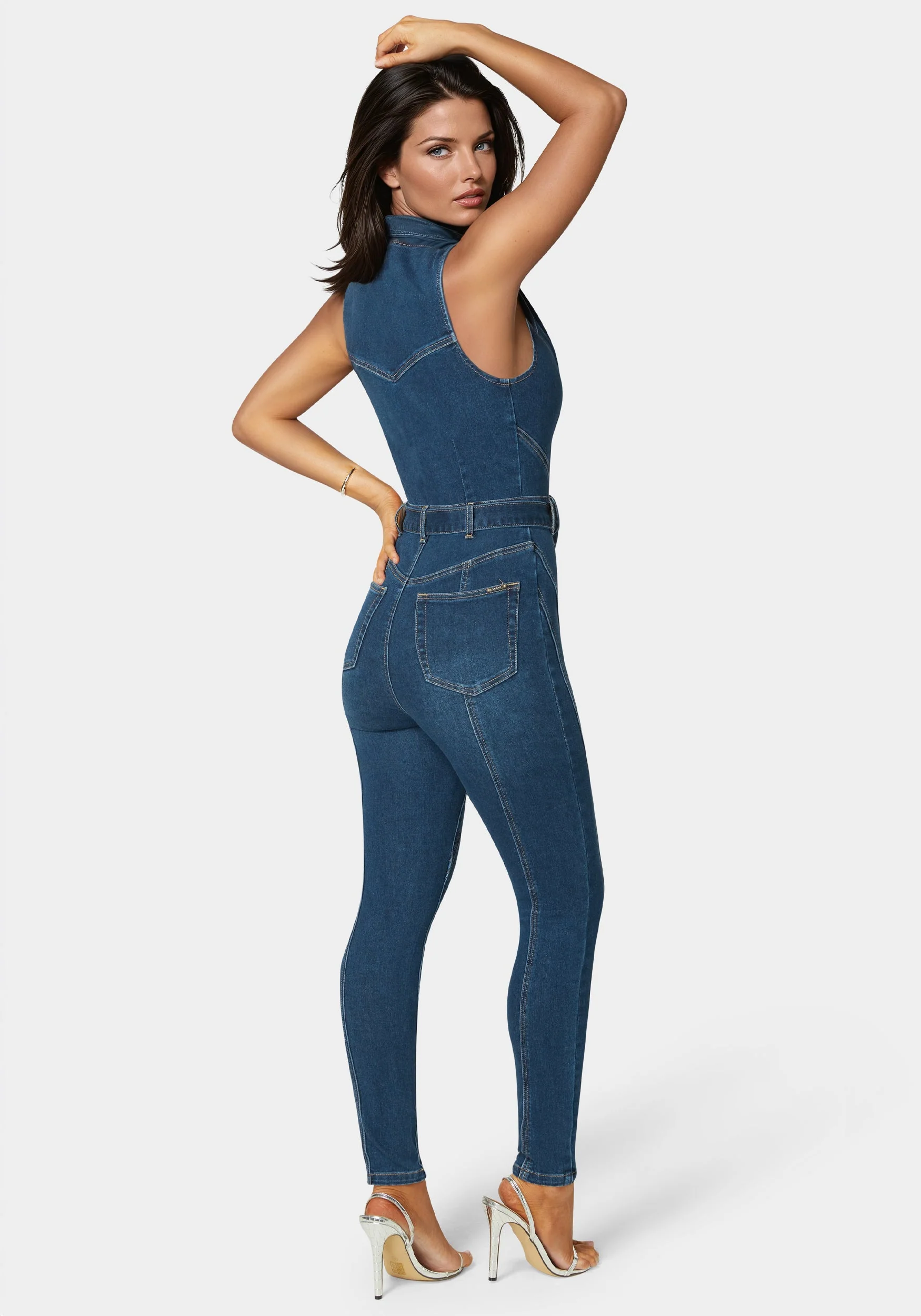 Belted Skinny Leg Denim Jumpsuit - Image 2