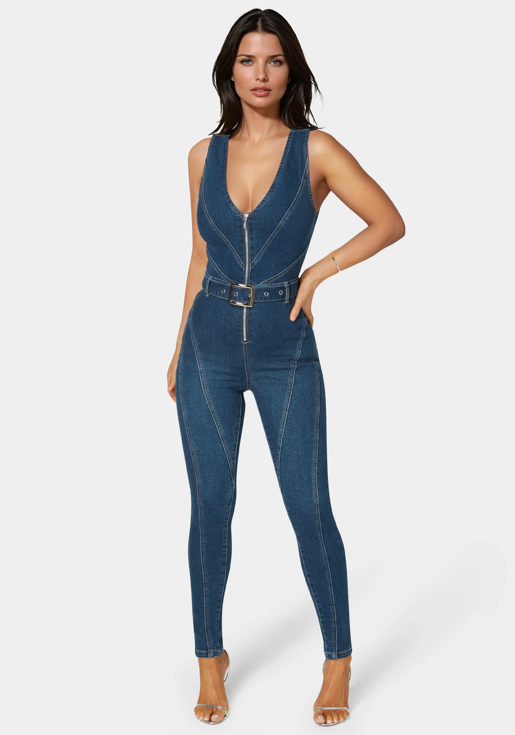 Belted Skinny Leg Denim Jumpsuit - Image 3