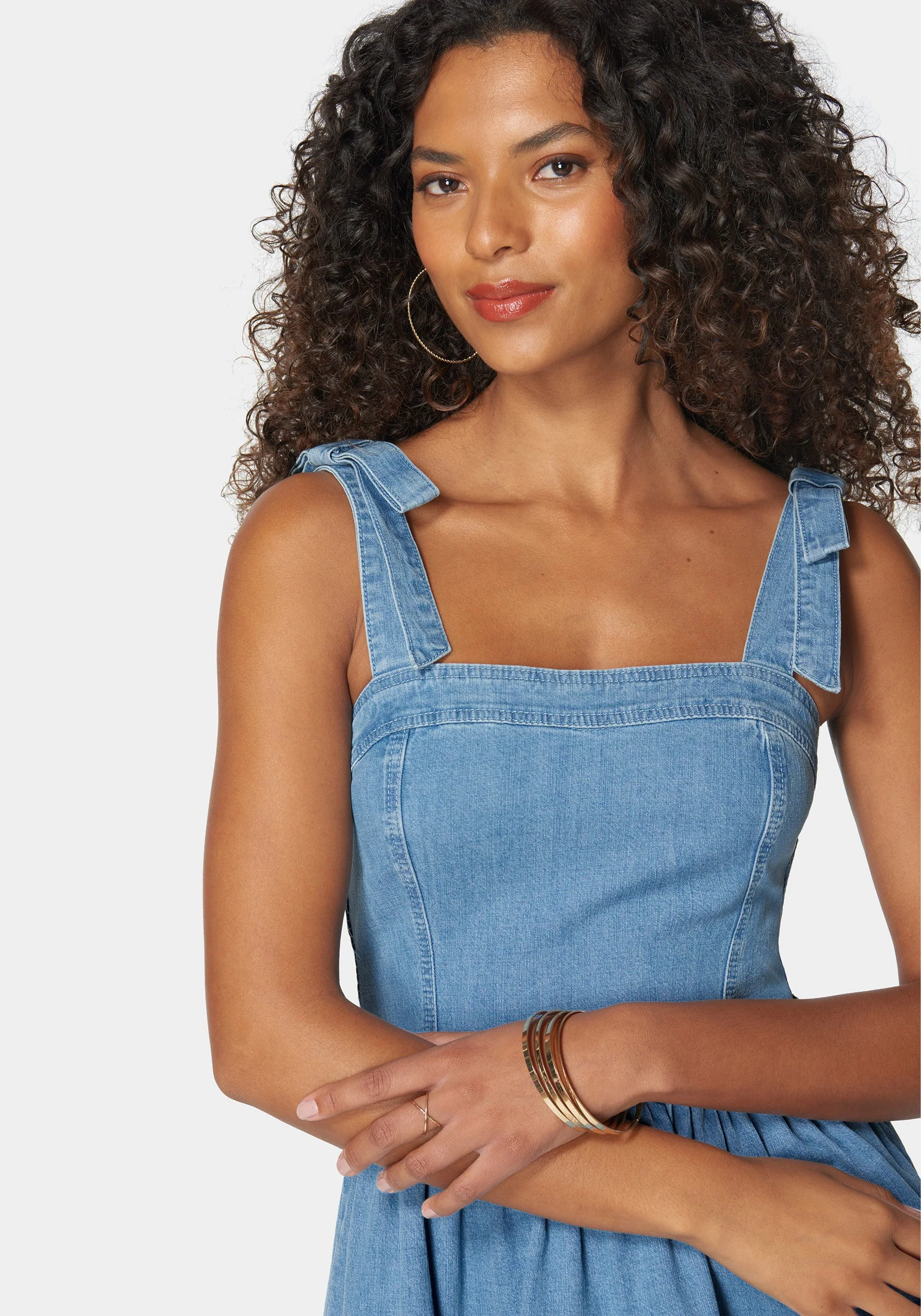Bow Detail Fit And Flare Denim Dress - Image 4