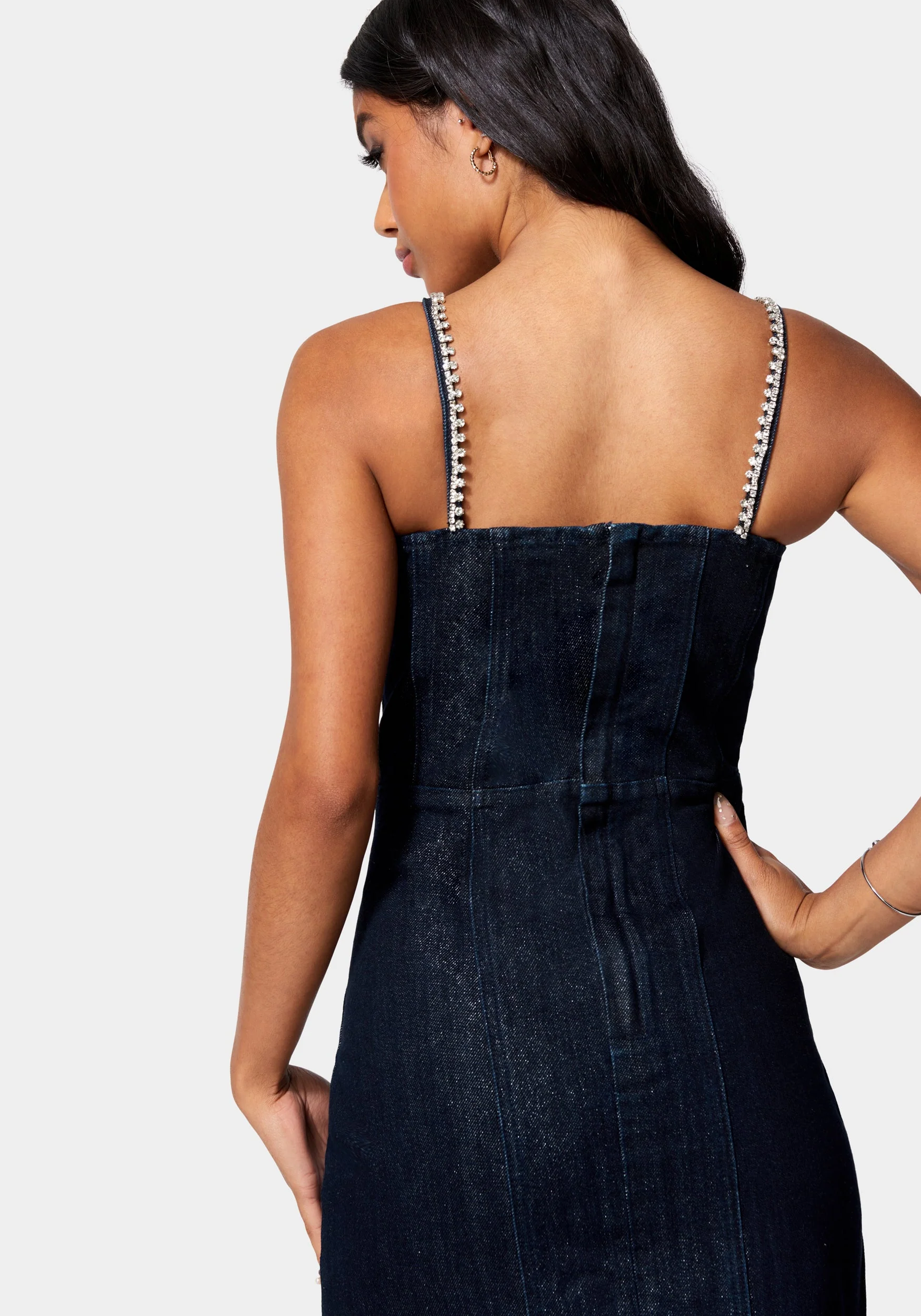 Bow Detail Rhinestone Strap Glitter Denim Dress - Image 3