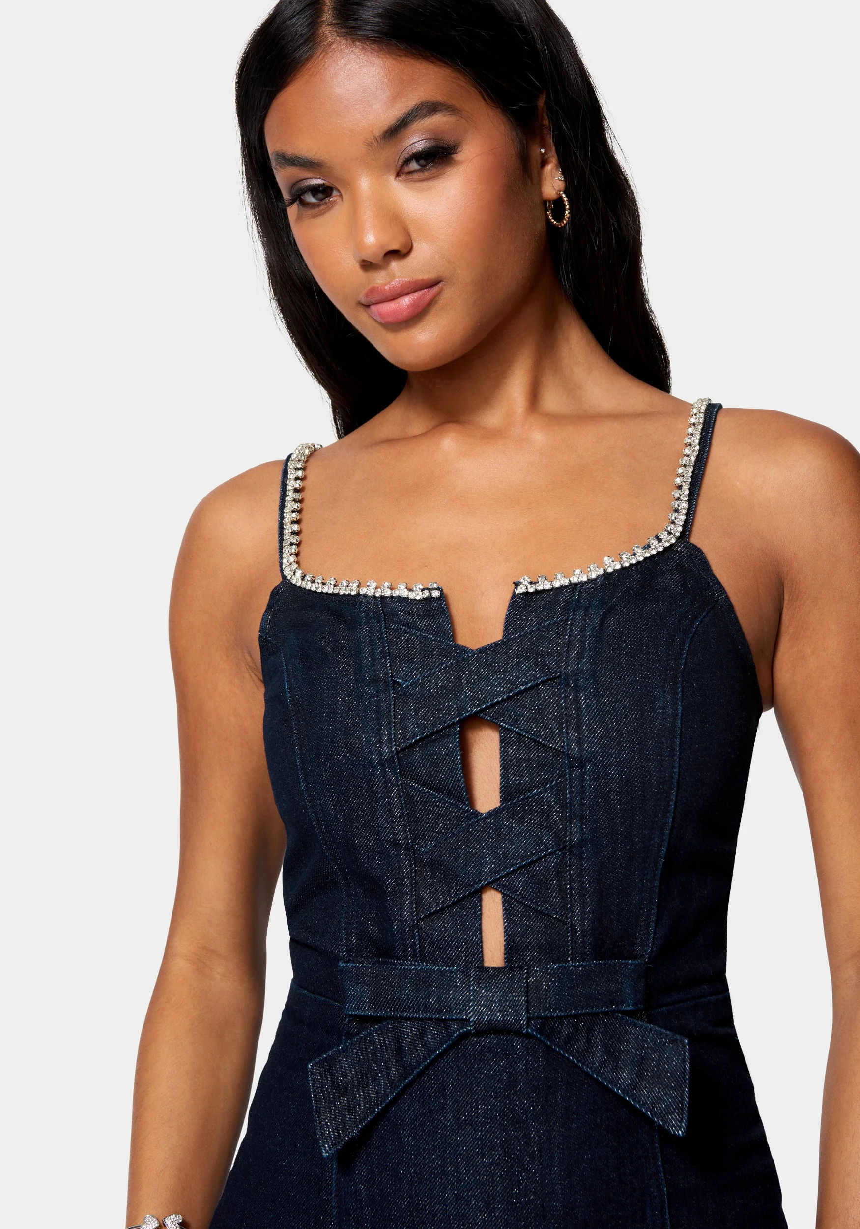 Bow Detail Rhinestone Strap Glitter Denim Dress - Image 4