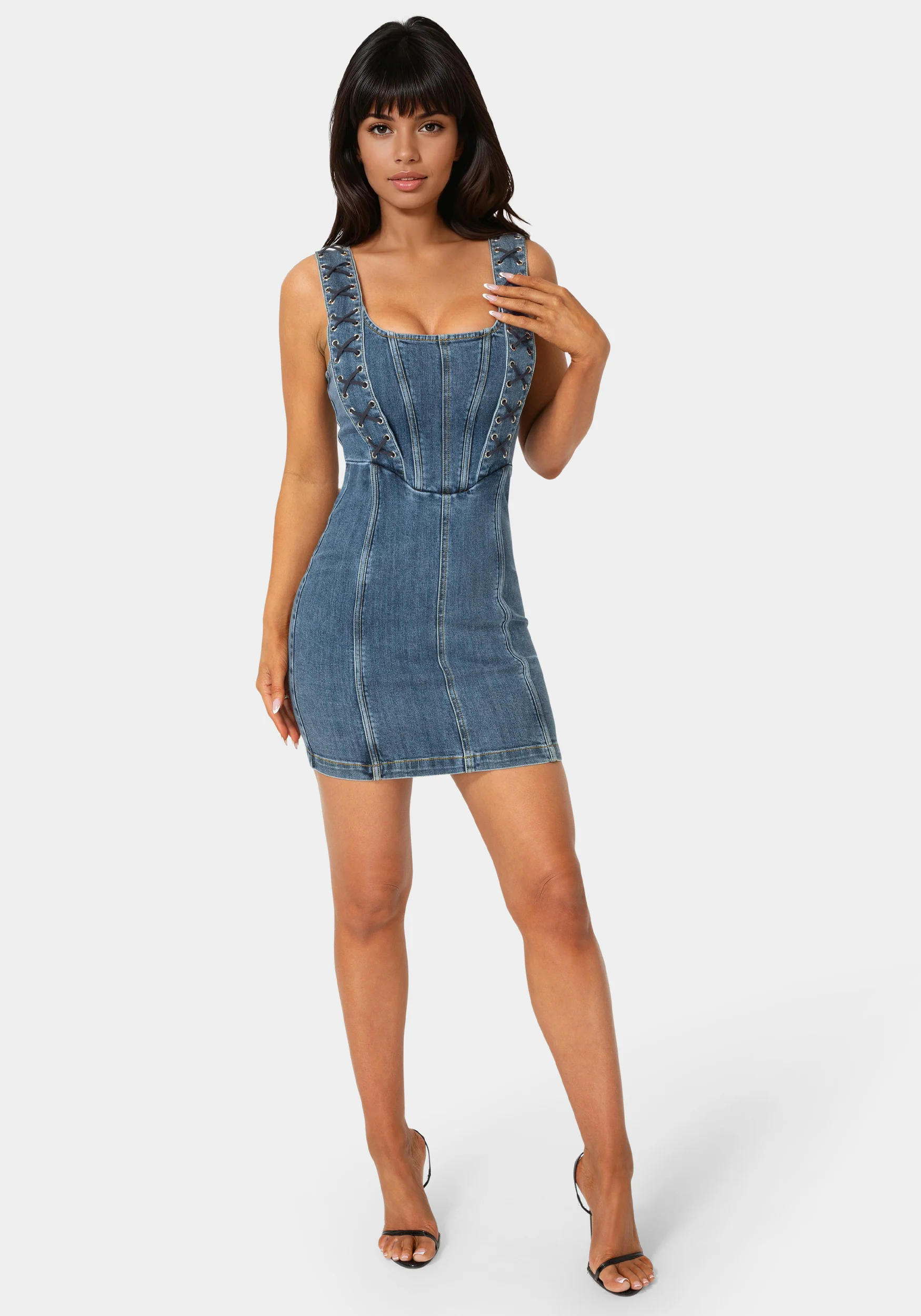Bow Fitted Eyelet Denim Dress - Image 5