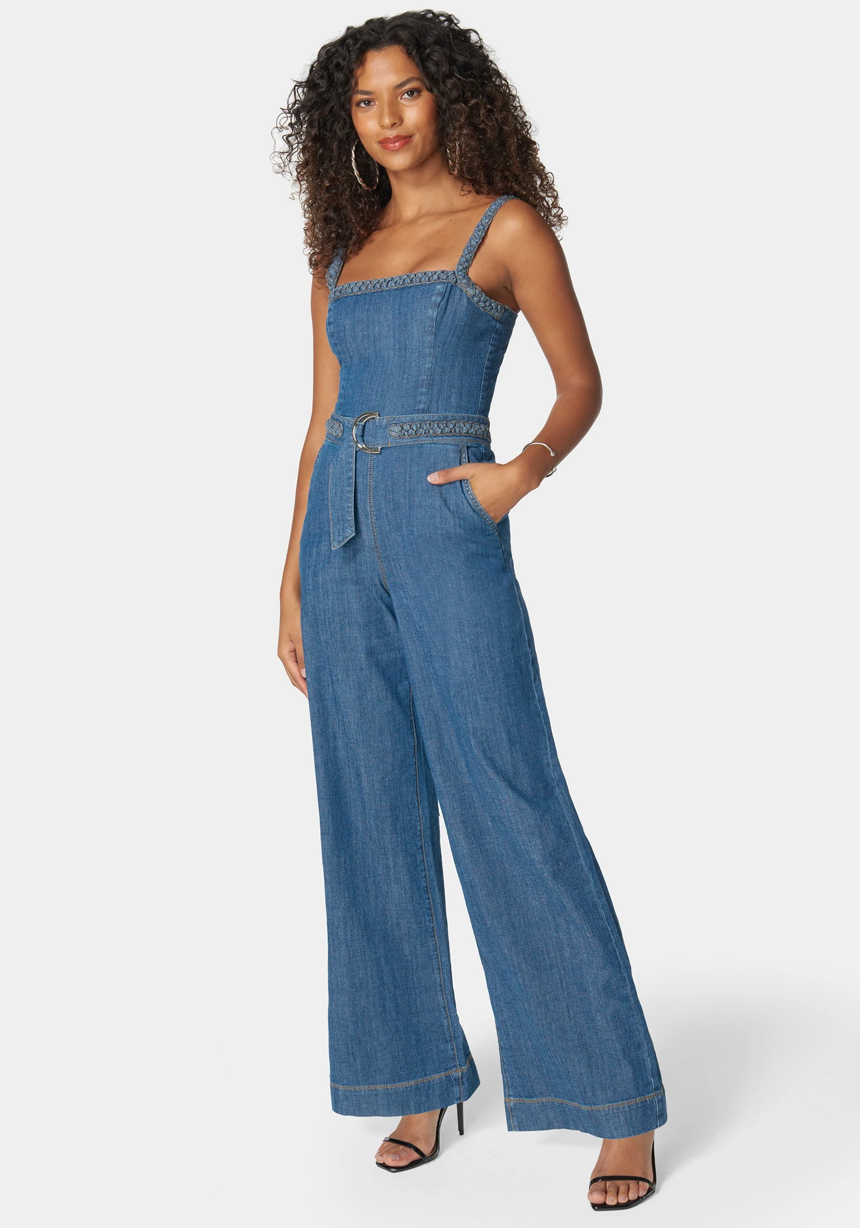 Braided Detail Ultra Wide Leg Denim Jumpsuit - Image 2