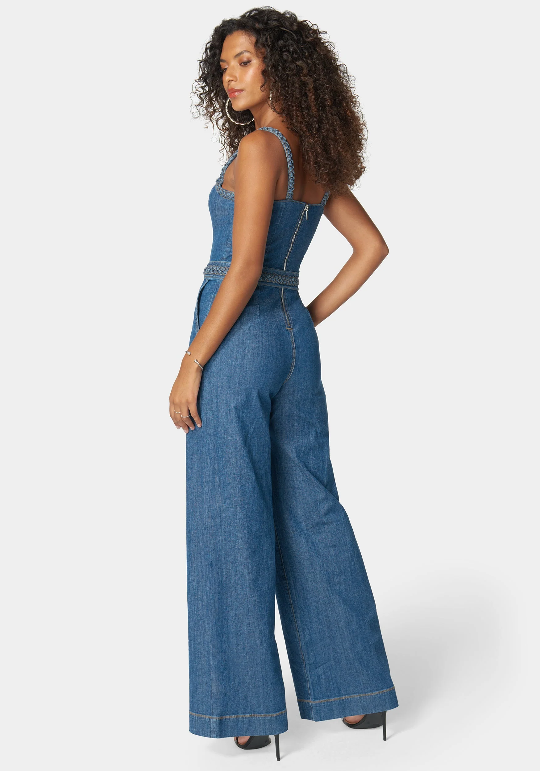 Braided Detail Ultra Wide Leg Denim Jumpsuit - Image 3