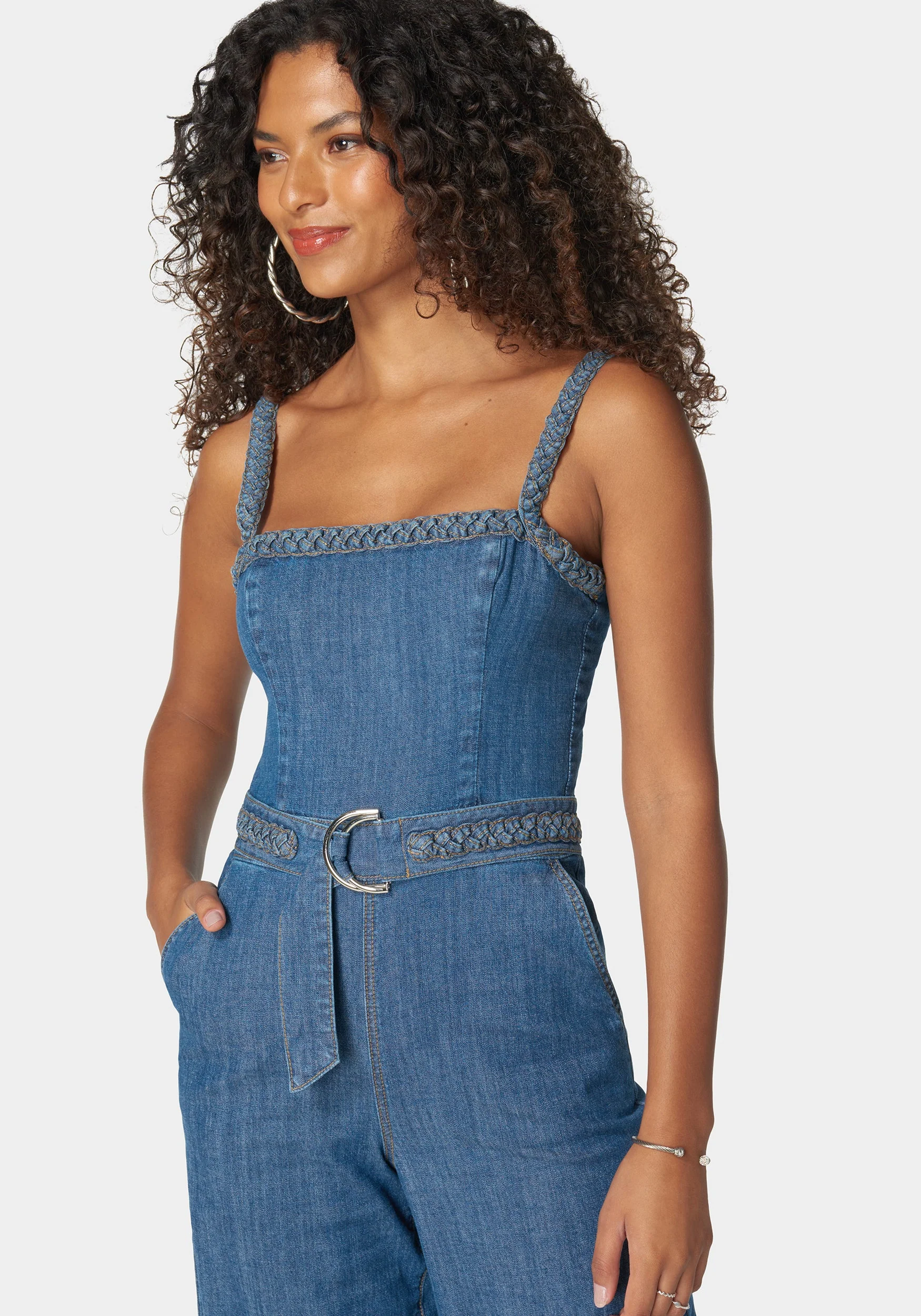 Braided Detail Ultra Wide Leg Denim Jumpsuit - Image 4