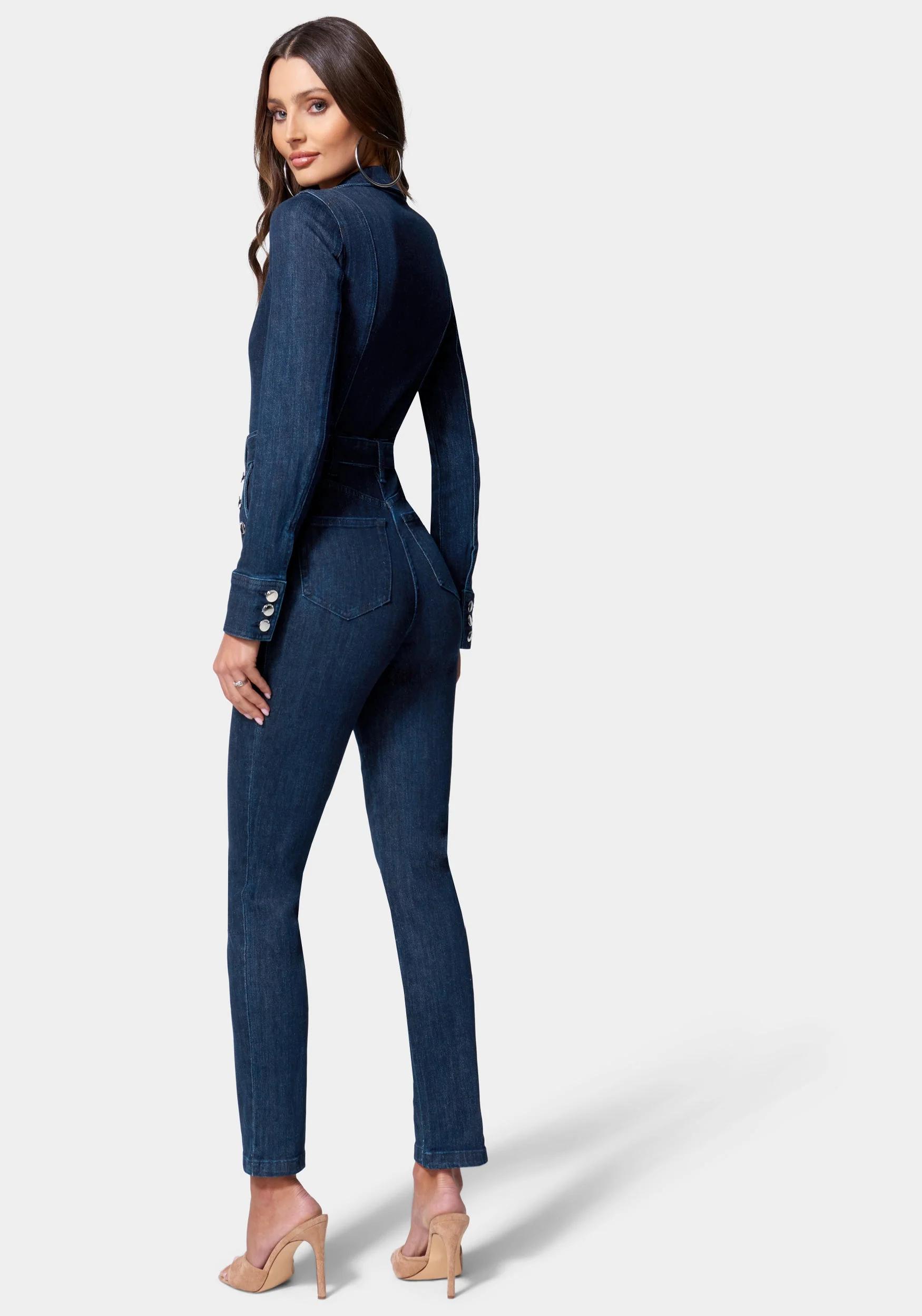 Button Detail Skinny Denim Jumpsuit - Image 3