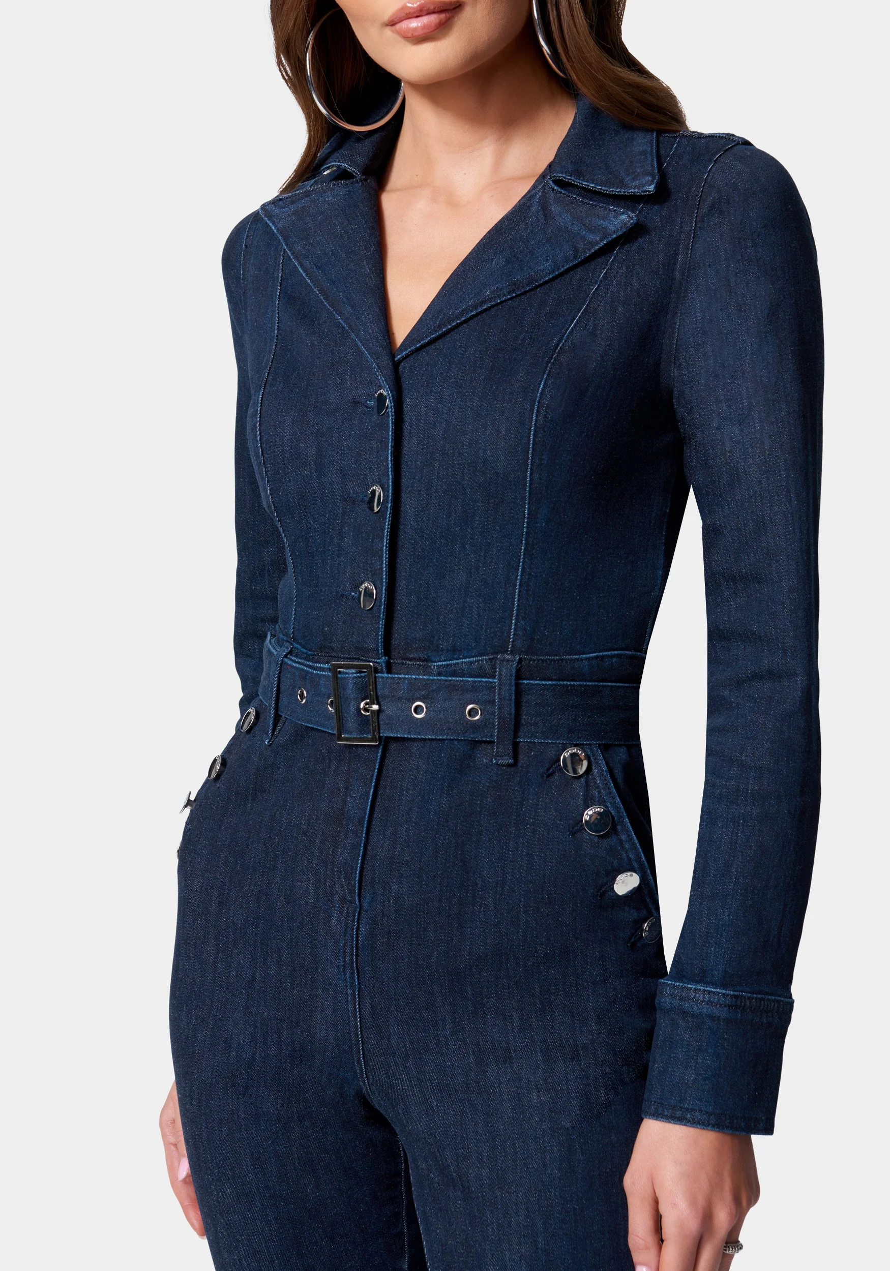 Button Detail Skinny Denim Jumpsuit - Image 4