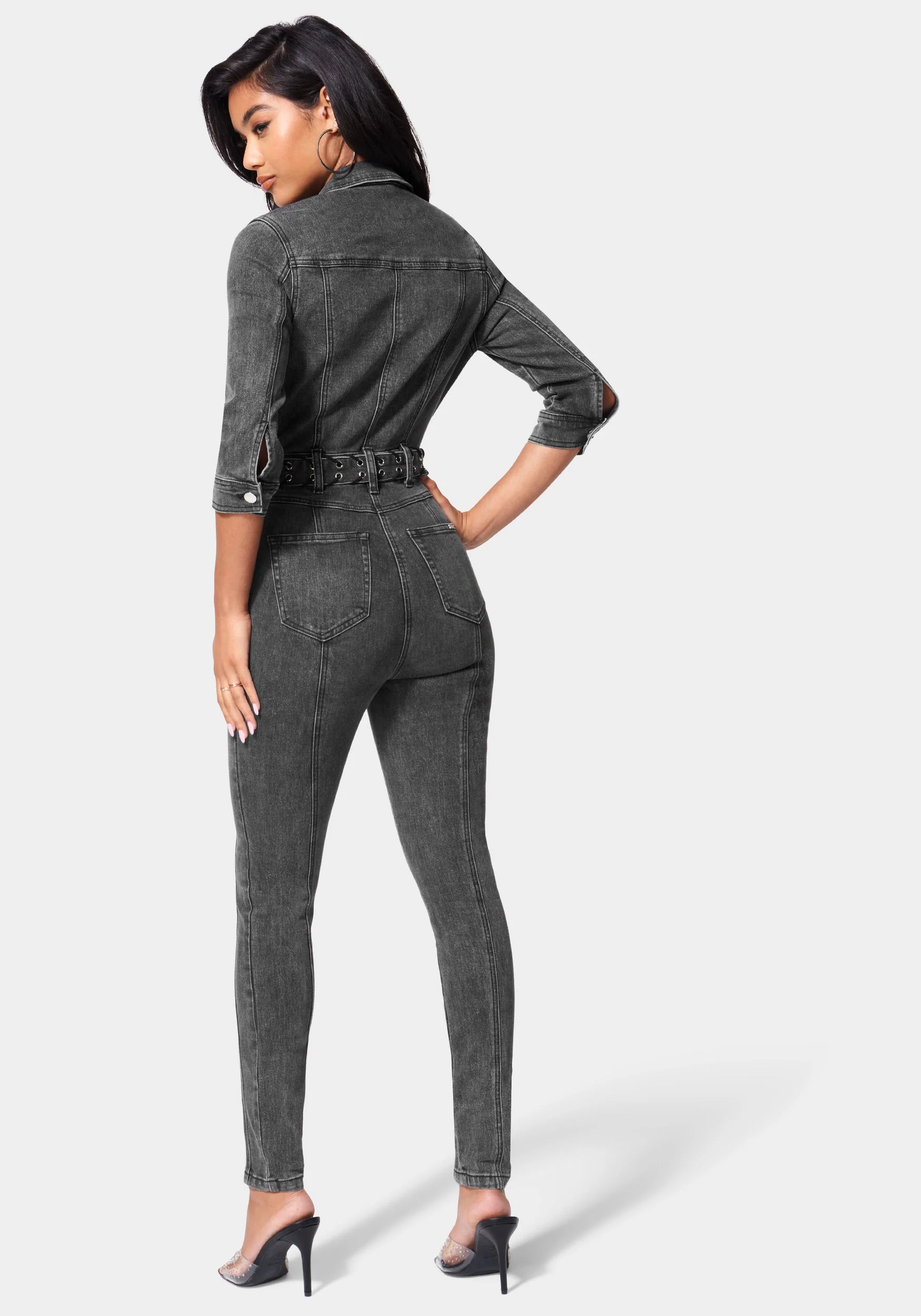 Button Down Belted Slim Denim Jumpsuit - Image 3
