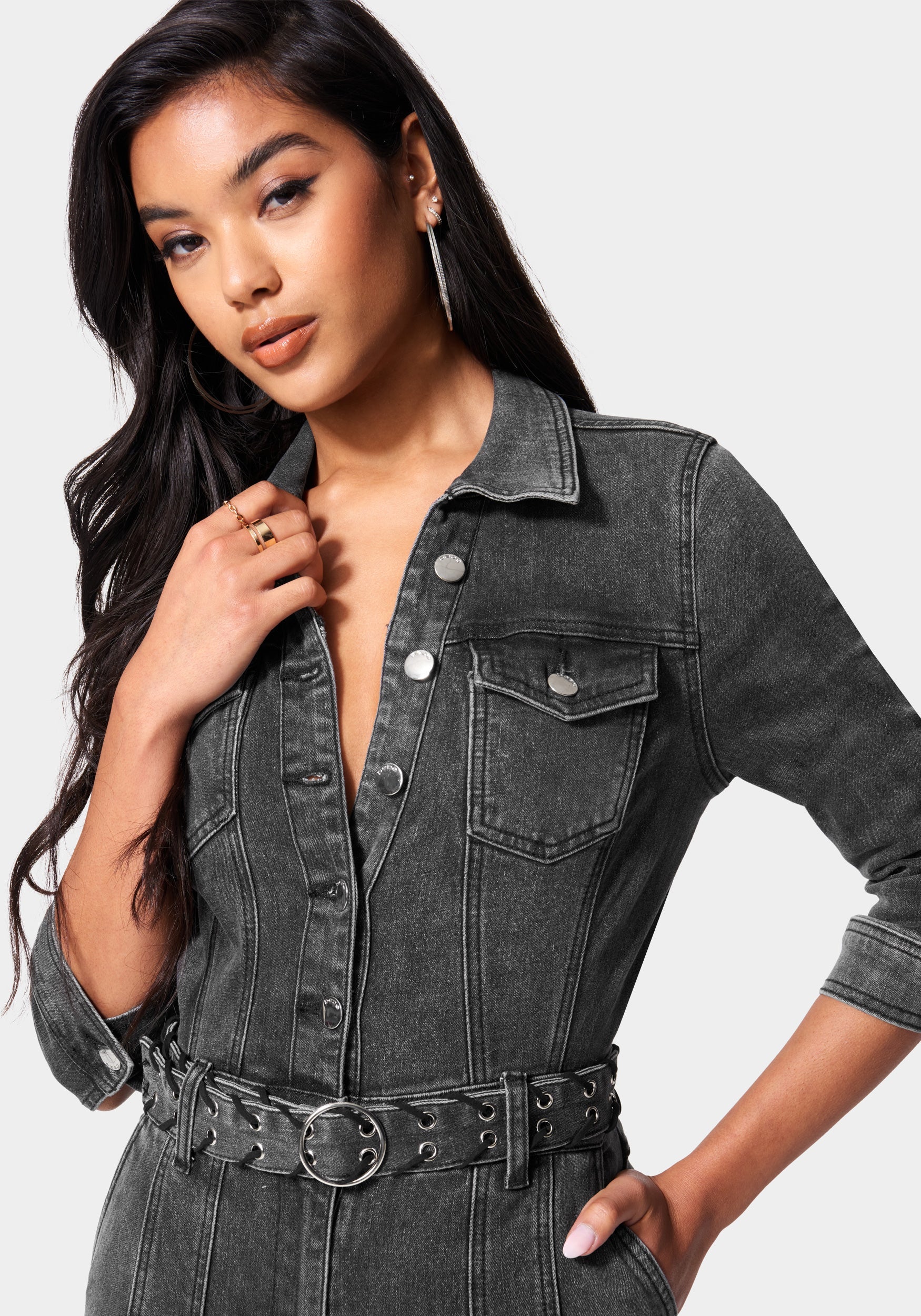 Button Down Belted Slim Denim Jumpsuit - Image 4