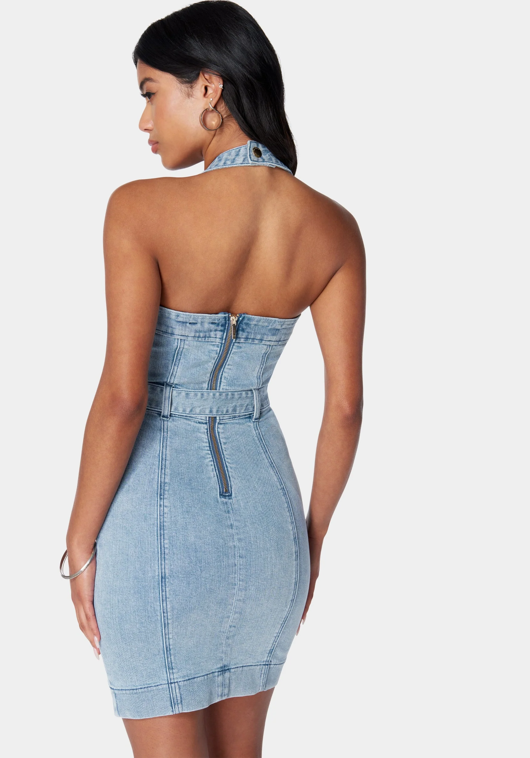 Button Down Fitted Halter Denim Dress - Image 3
