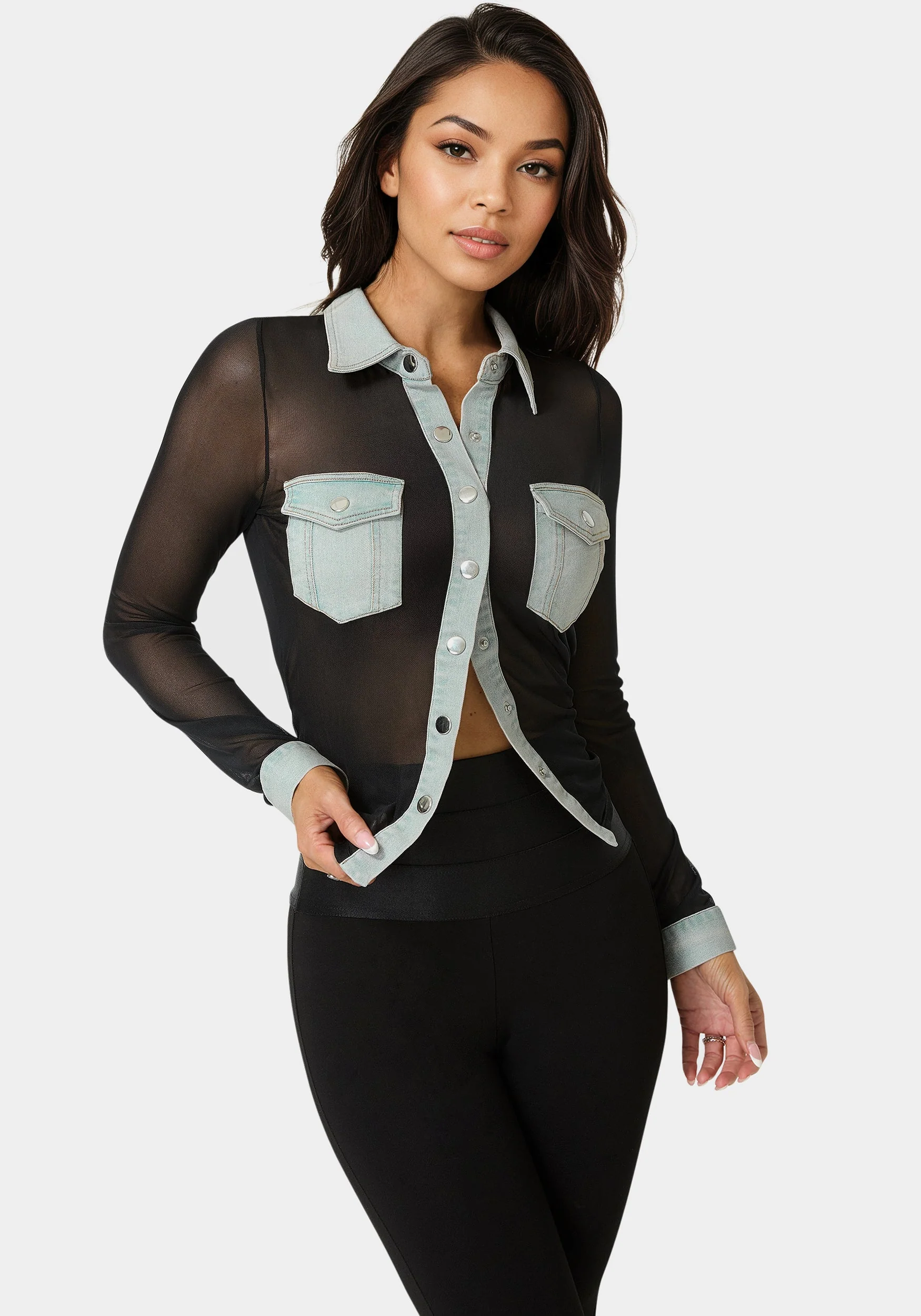 Button Down Mesh Denim Top - Image 2