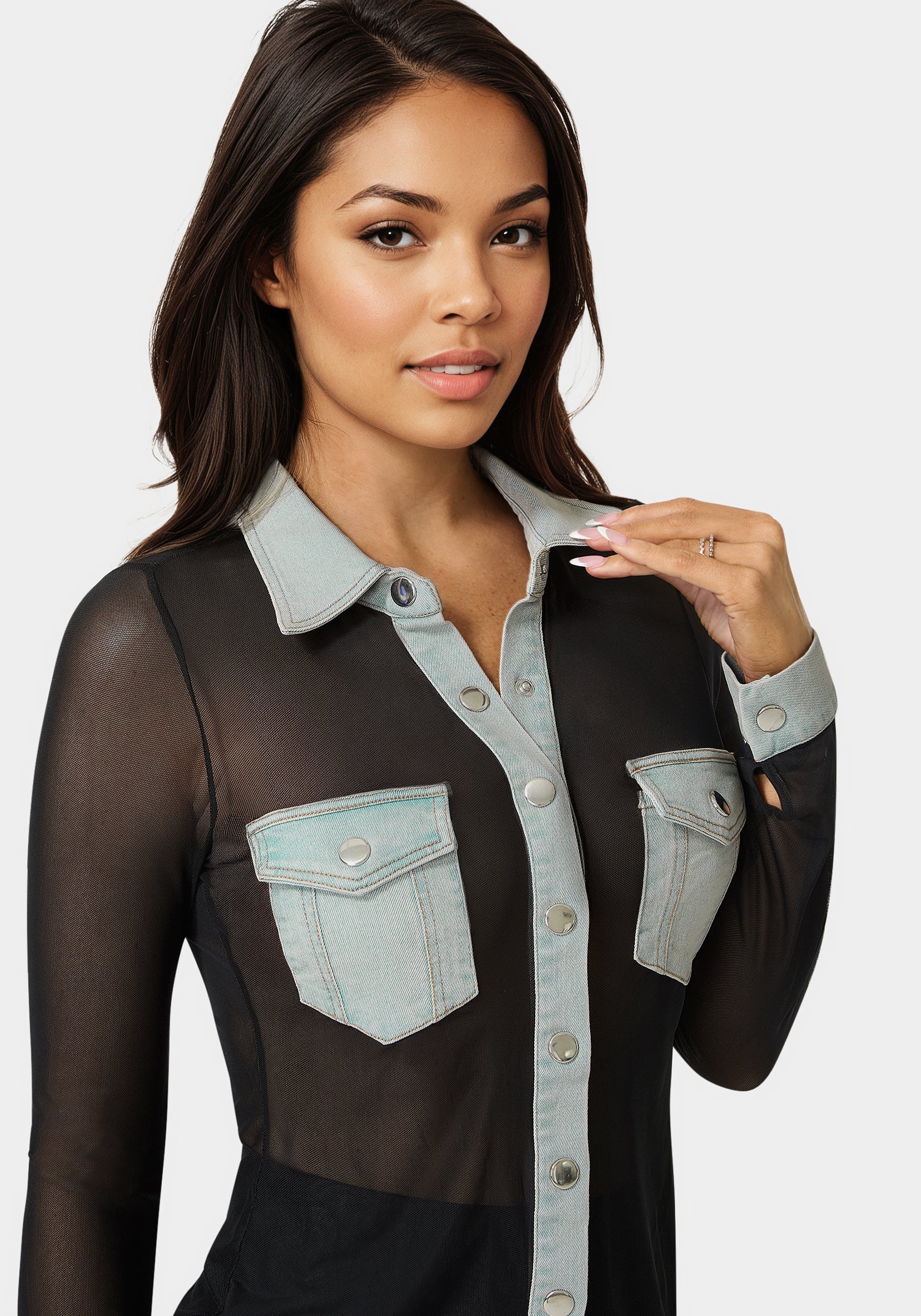 Button Down Mesh Denim Top - Image 4