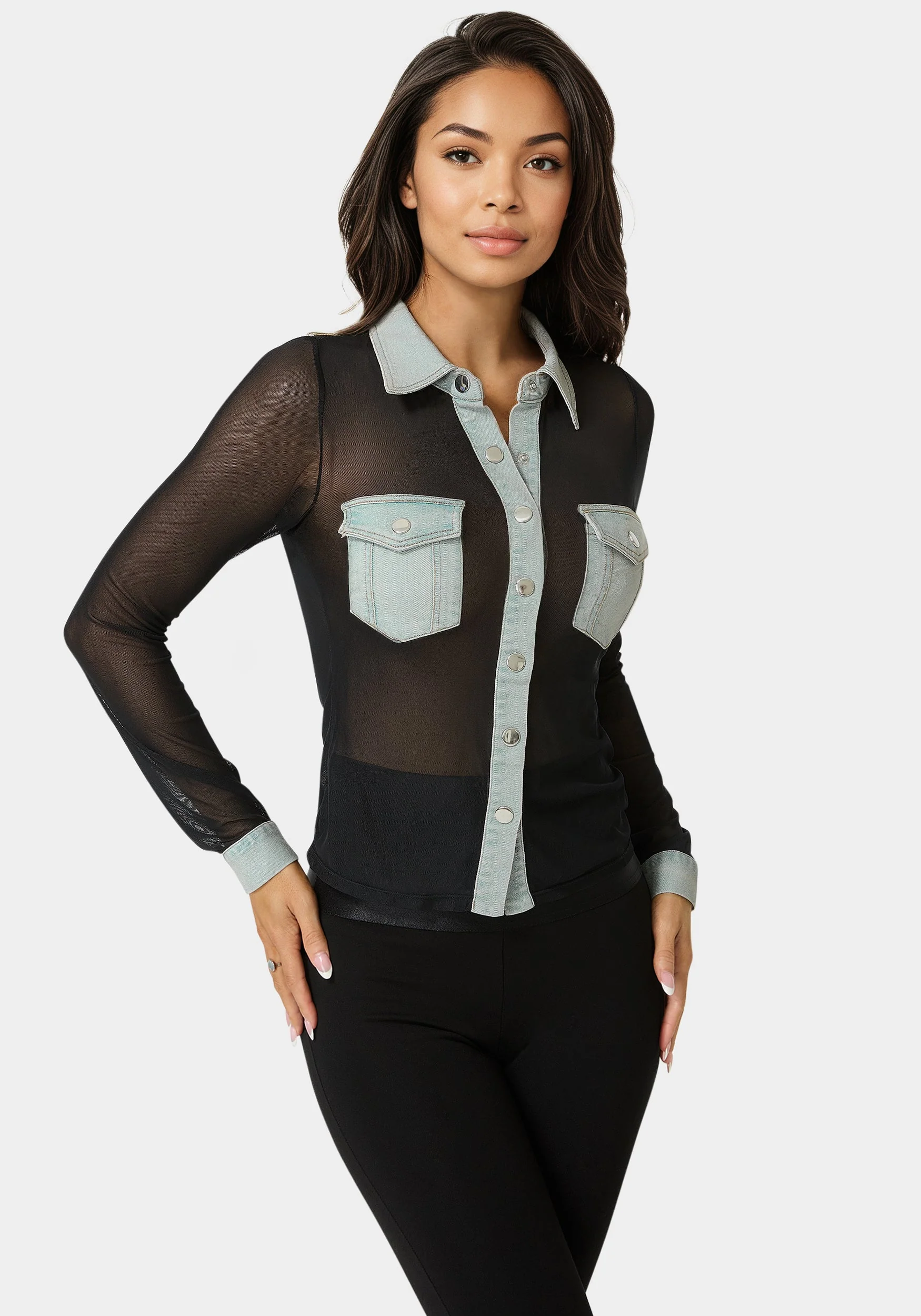 Button Down Mesh Denim Top - Image 5