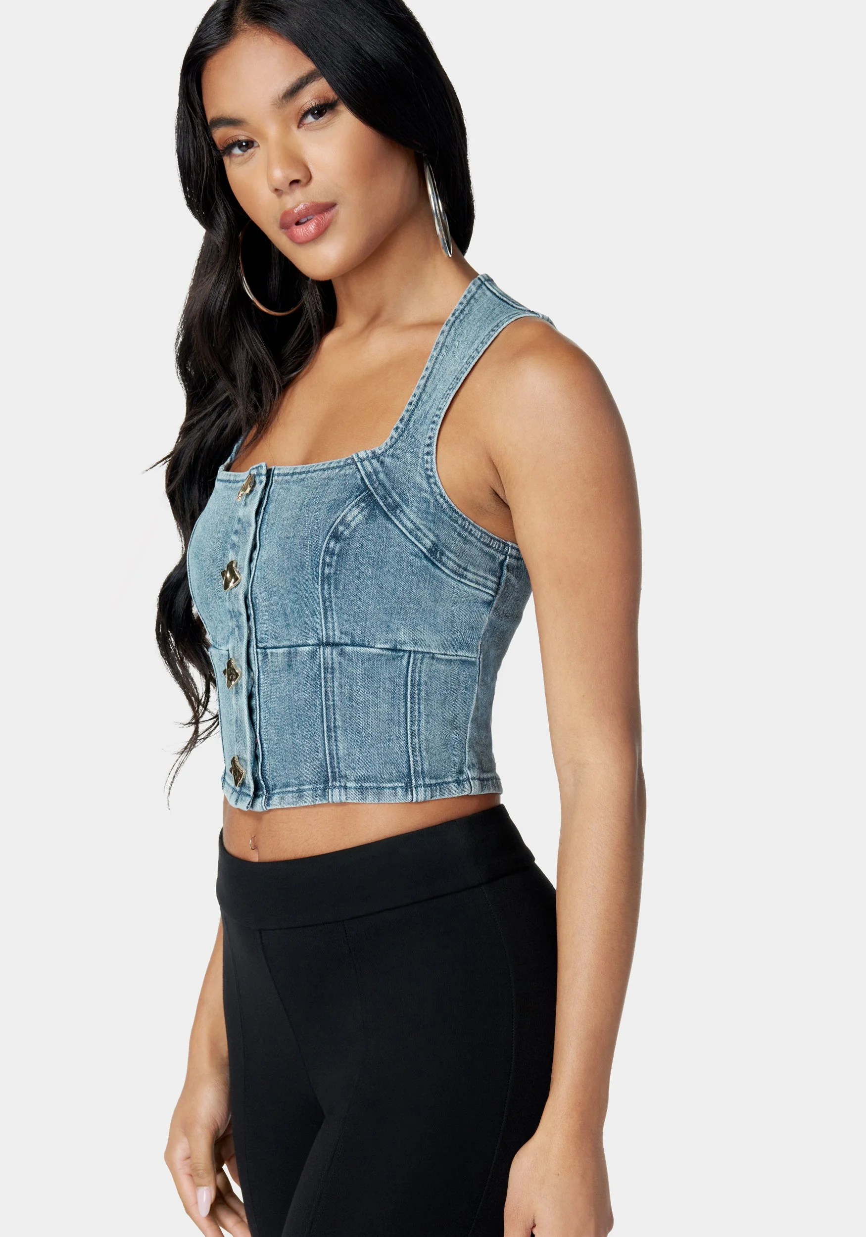 Button Down Trapeze Denim Top - Image 2