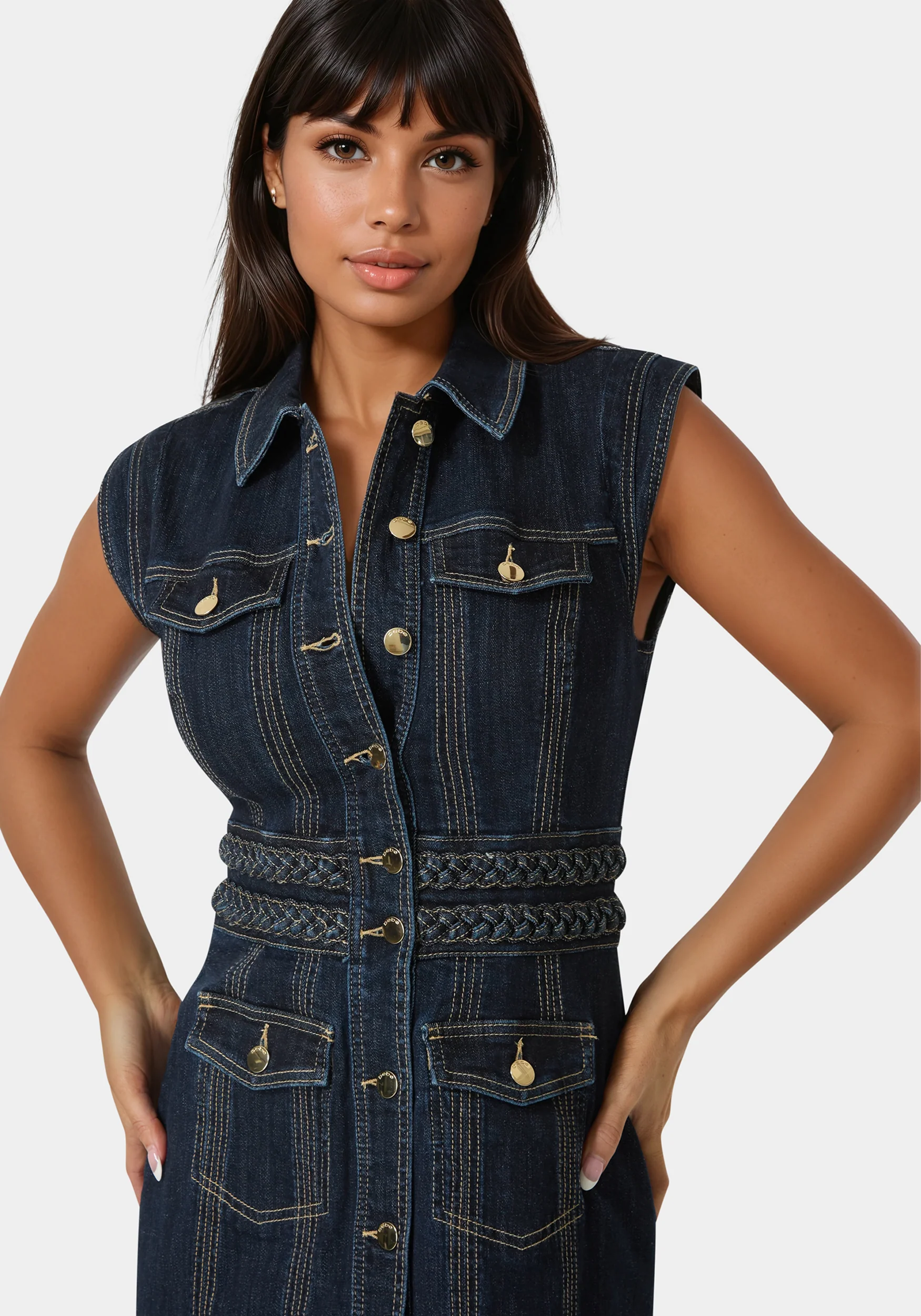Button Front Braided Waist Denim Dress - Image 3