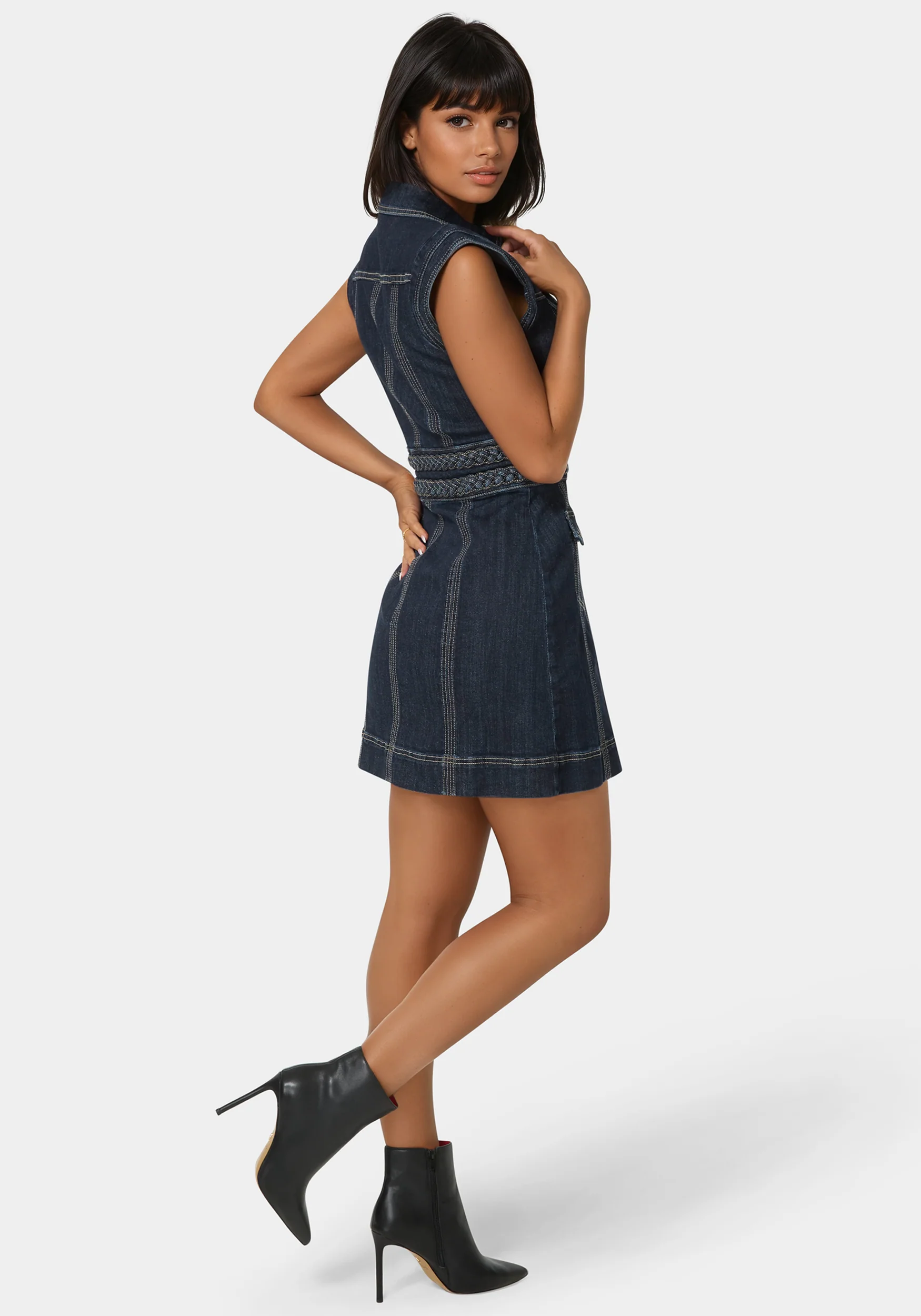 Button Front Braided Waist Denim Dress - Image 4