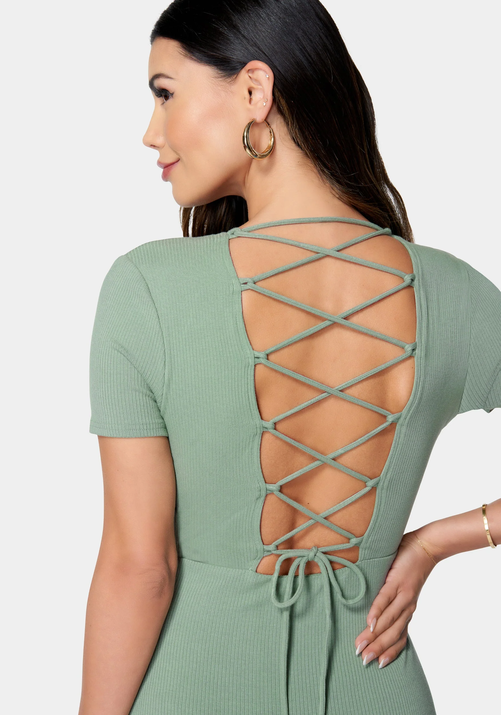 Button Front Lace Back Rib Dress - Image 4