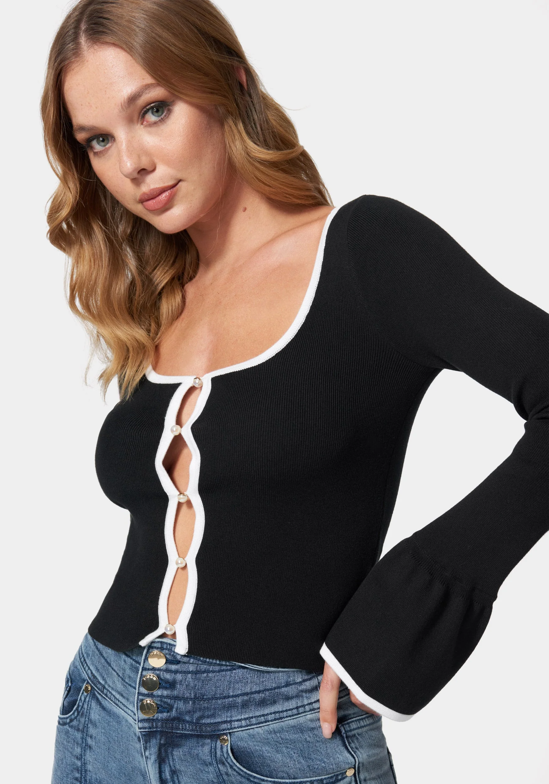 Button Front Ruffle Hem Sleeve Cardigan - Image 2