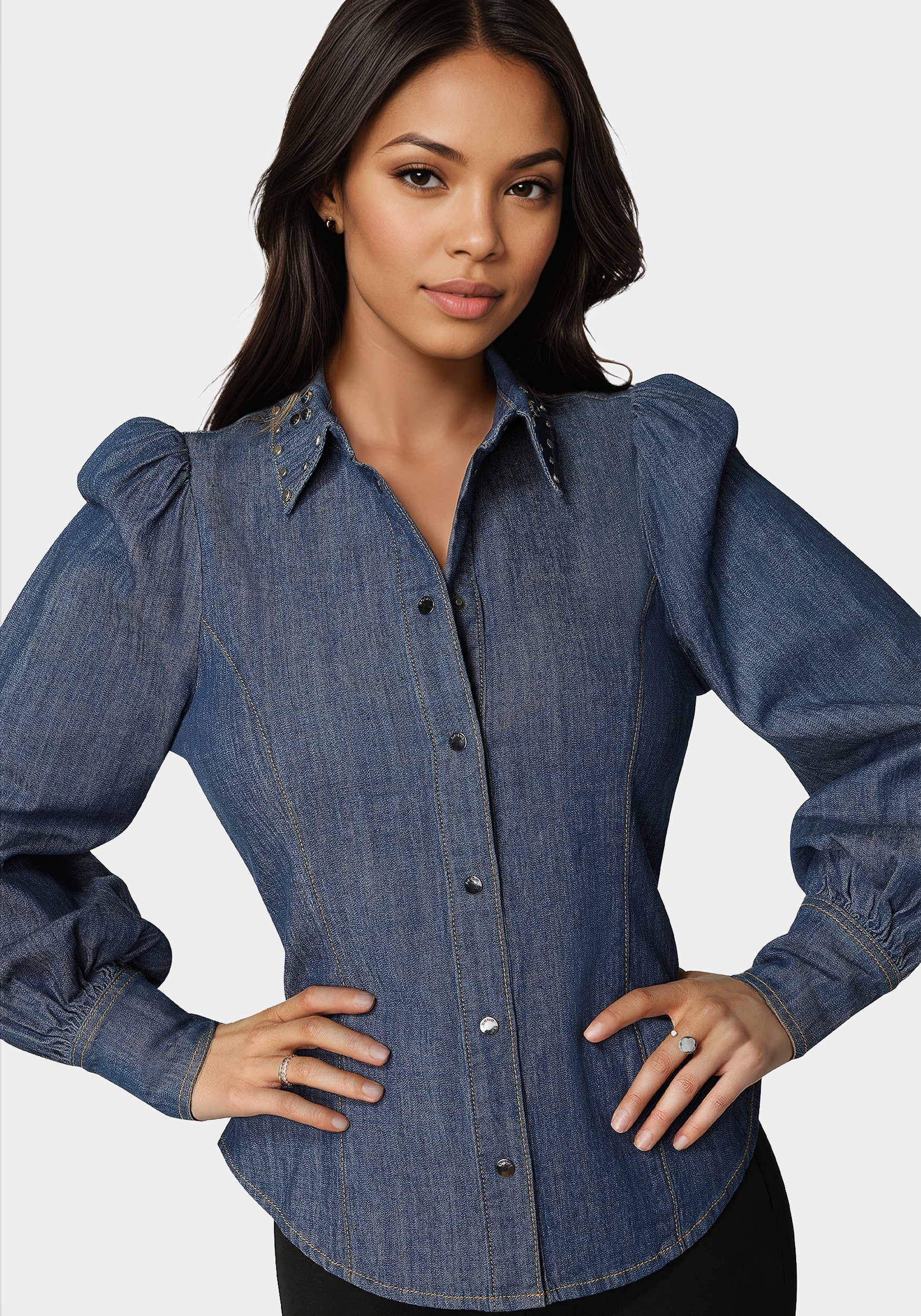 Button Front Studded Collar Denim Shirt - Image 3