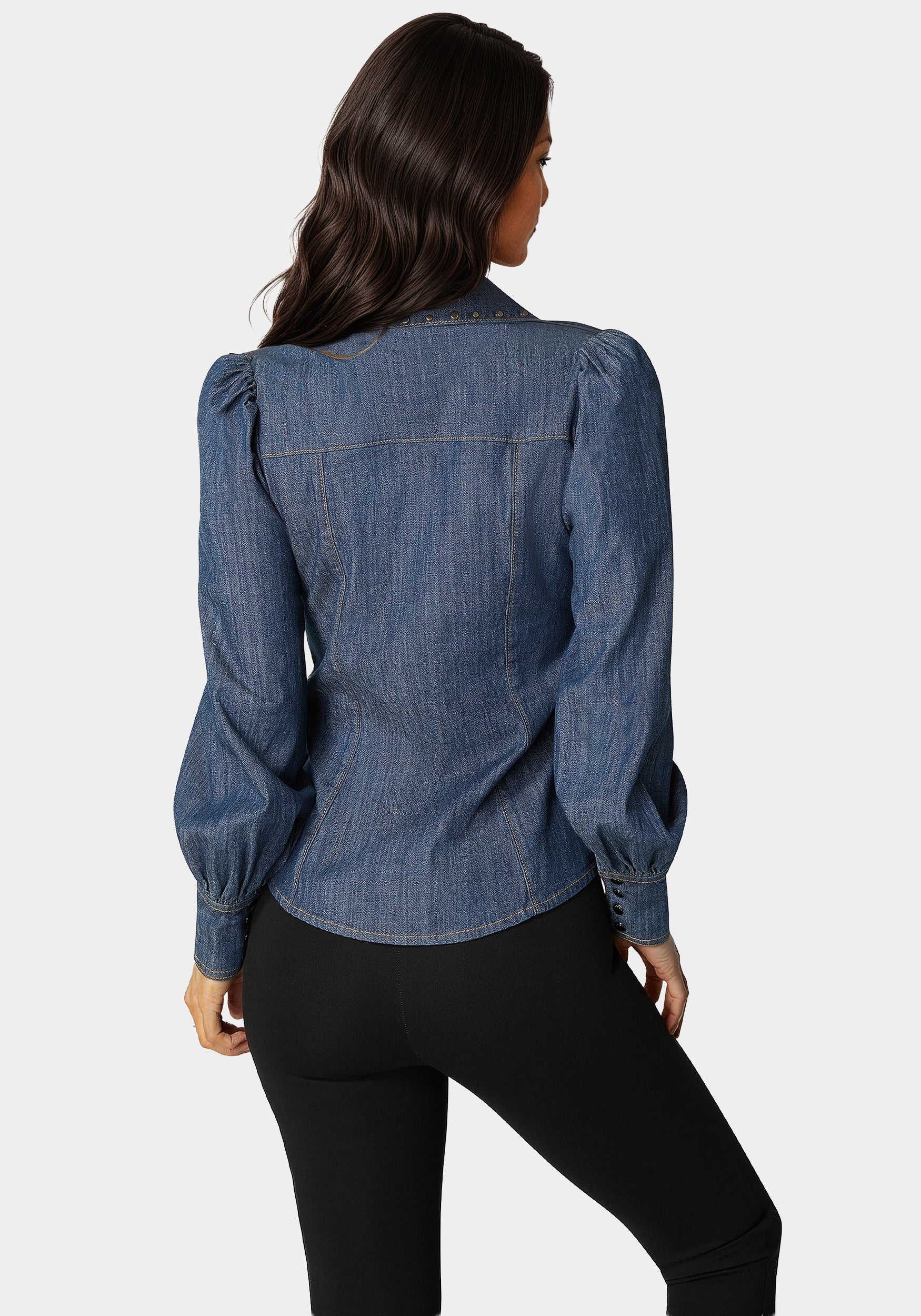 Button Front Studded Collar Denim Shirt - Image 4