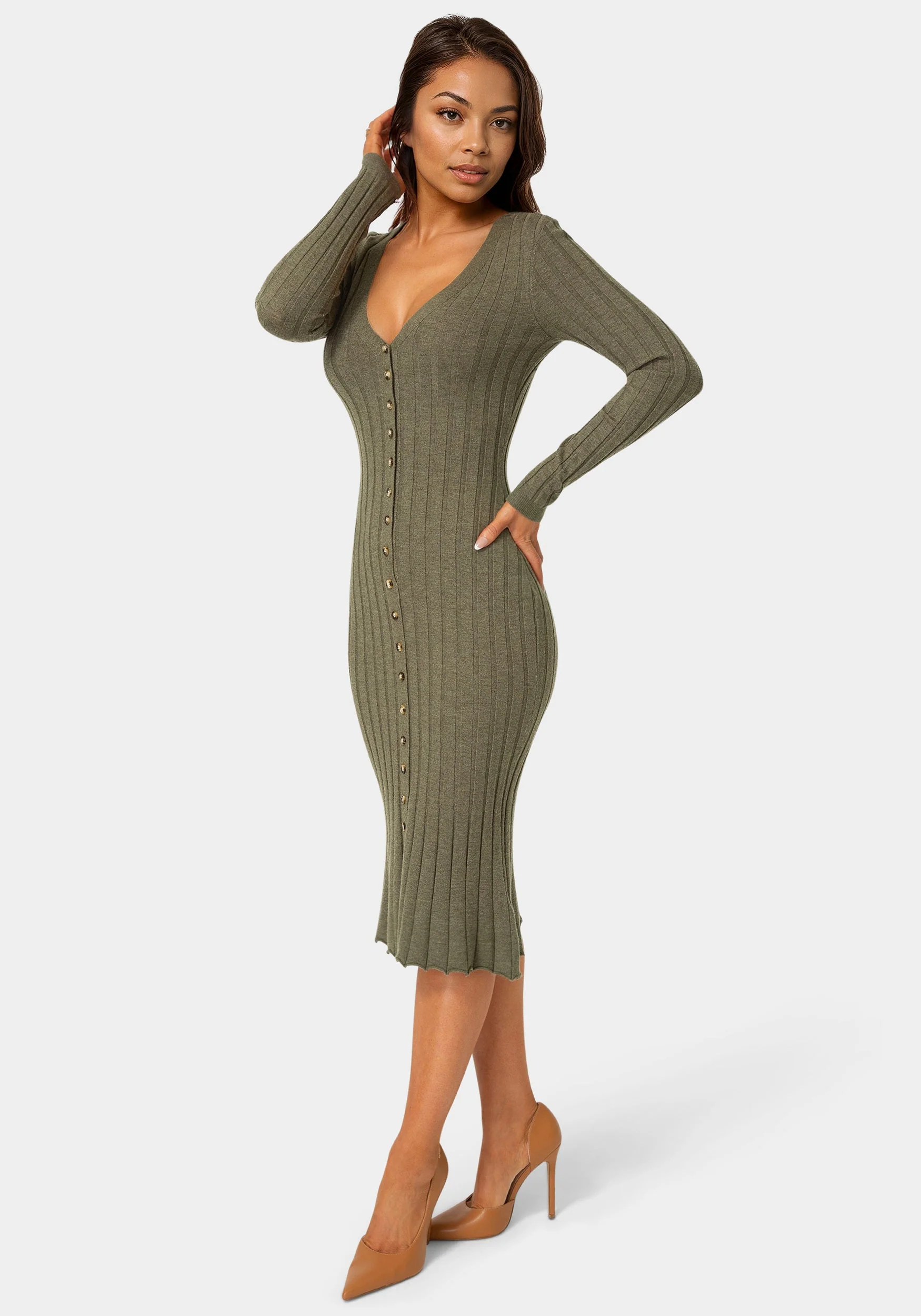 Button Front V-Neck Sweater Midi Dress - Image 2