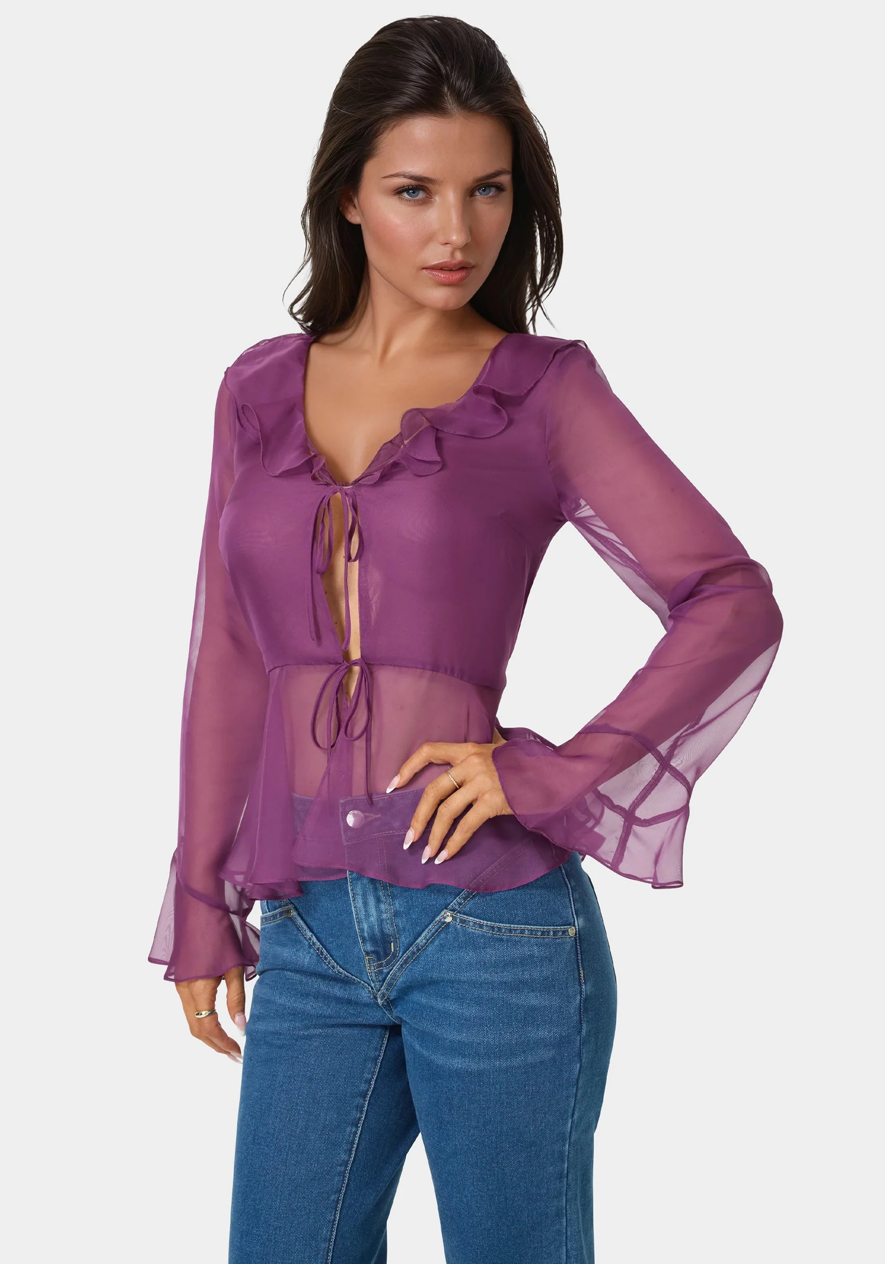 Chiffon Fit & Flare Tie Front Blouse - Image 2
